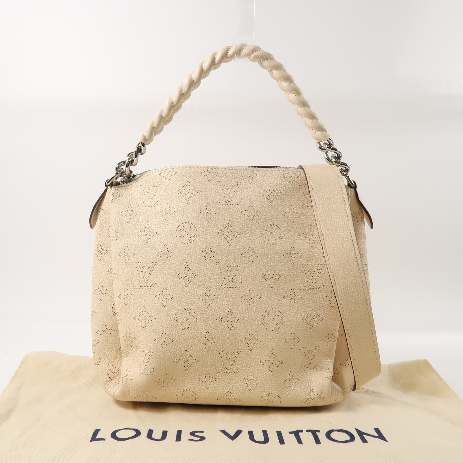 LOUIS VUITTON Mahina皮革Babylone BB銀扣手挽肩背兩用袋米色