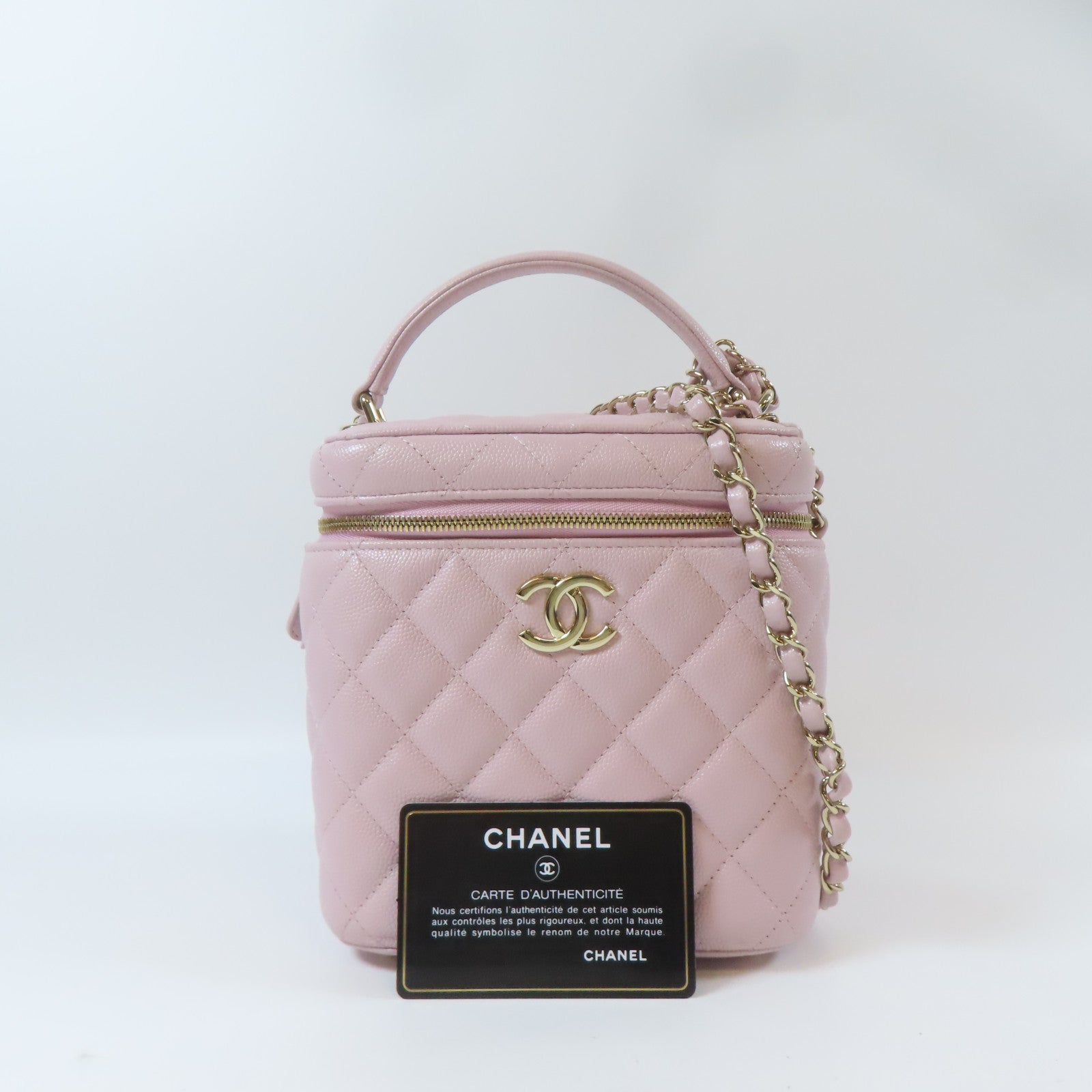 CHANEL 【激減優惠】菱格Caviar皮革Vanity Case金扣手挽肩背兩用袋粉紅色