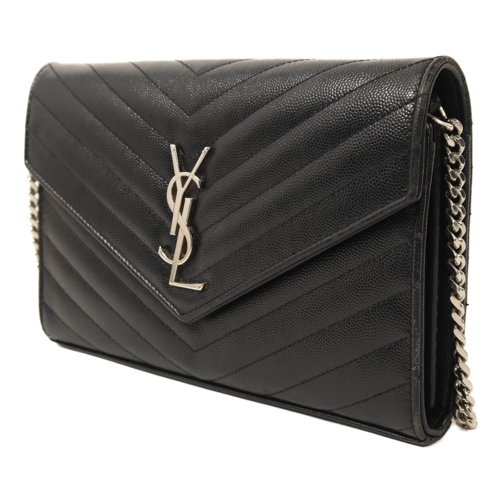 YVES SAINT LAURENT 牛皮皮革Shoulder Bag銀扣鏈帶肩背袋