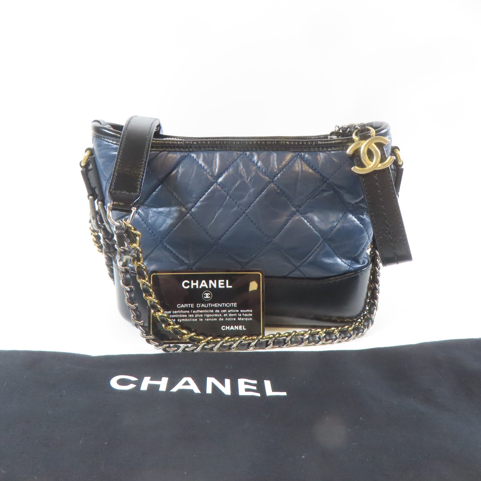 CHANEL 【激減優惠】菱格牛皮皮革Gabrielle Small金扣/銀扣鏈帶肩背袋深藍色/黑色