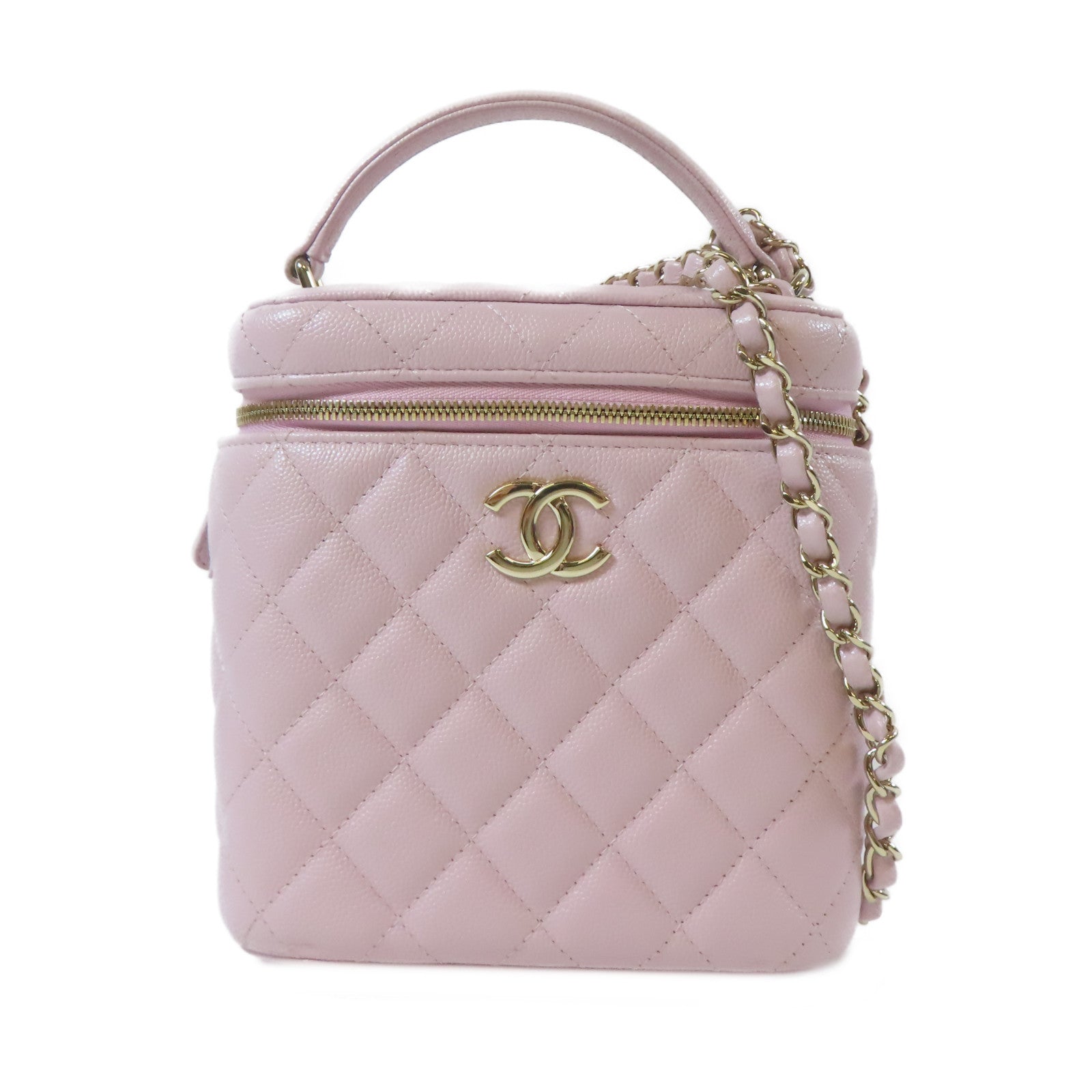 CHANEL 【激減優惠】菱格Caviar皮革Vanity Case金扣手挽肩背兩用袋粉紅色