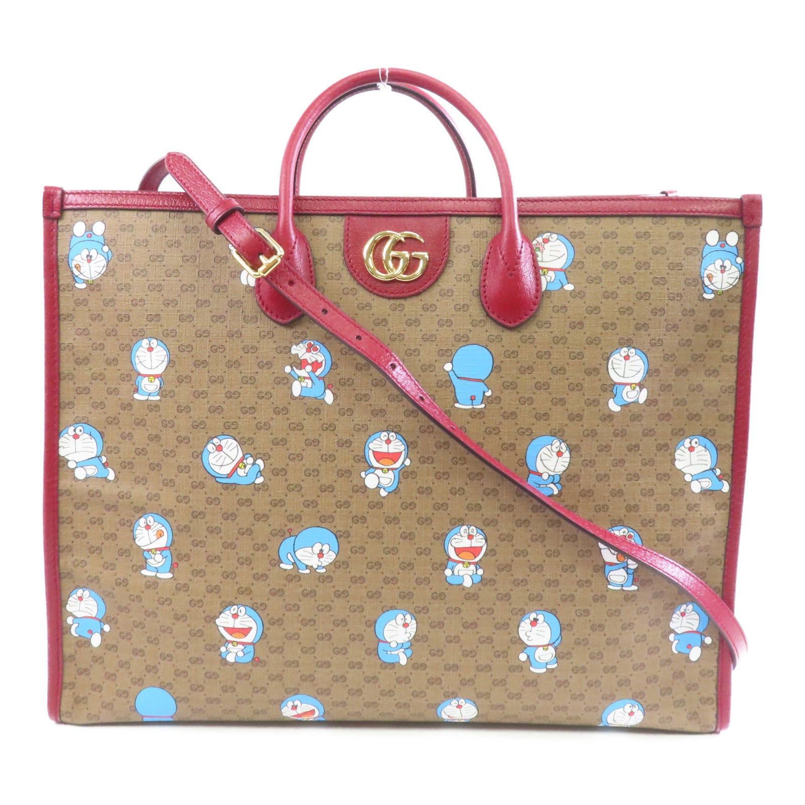 GUCCI 塗層帆布Doraemon 2 Way Tote金扣手挽肩背兩用袋啡色/紅色