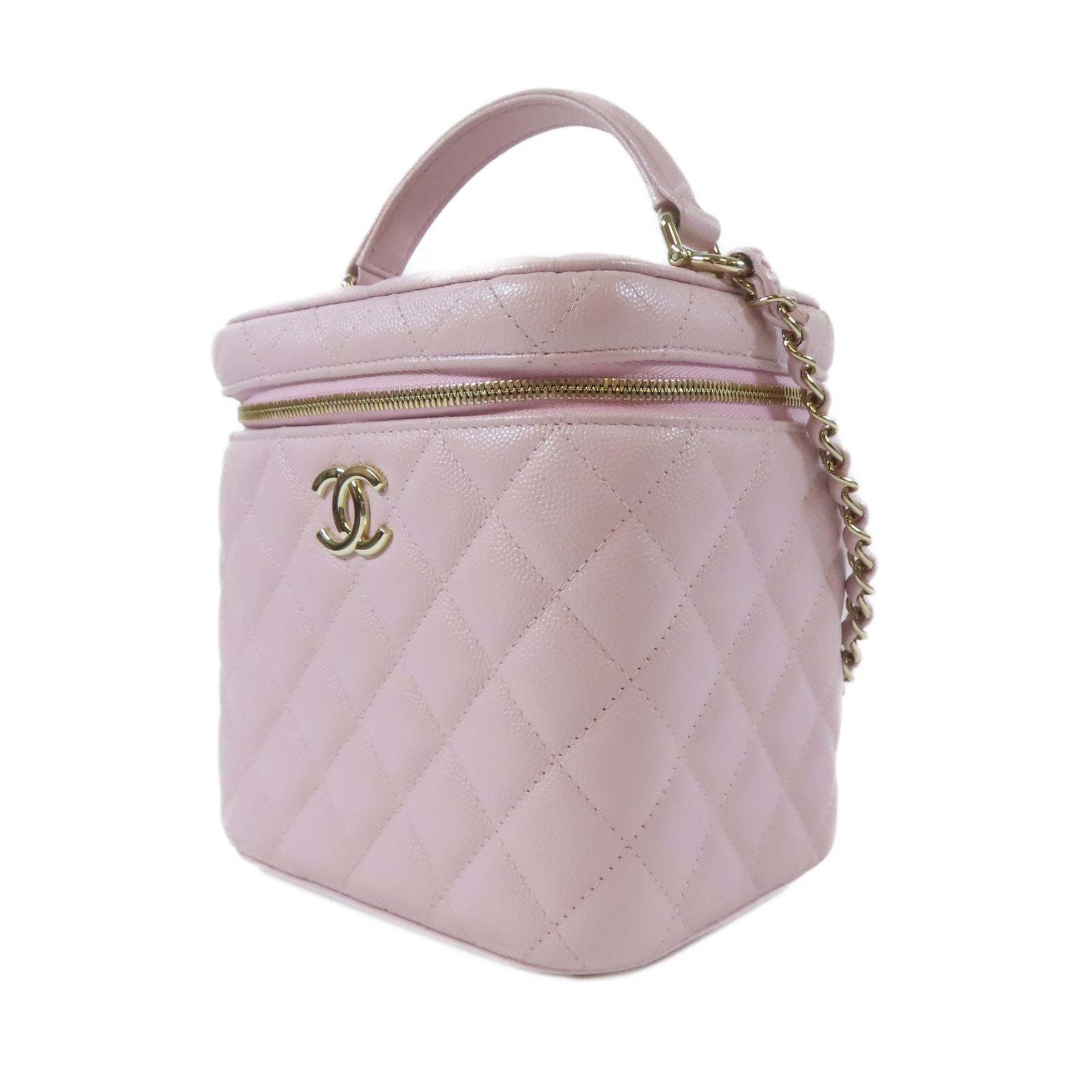CHANEL 【激減優惠】菱格Caviar皮革Vanity Case金扣手挽肩背兩用袋粉紅色
