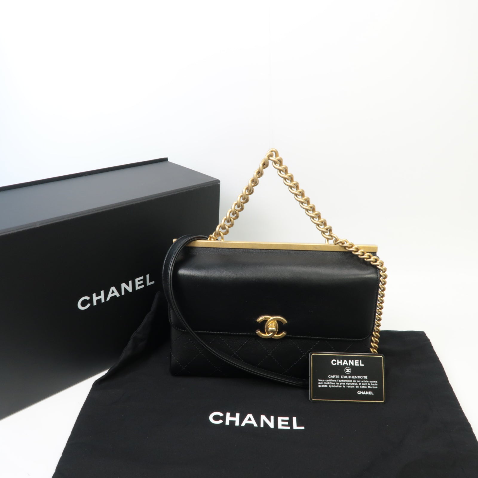 CHANEL 【激減優惠】菱格牛皮皮革2 Way Chain Shoulder金扣手挽肩背兩用鏈帶袋黑色