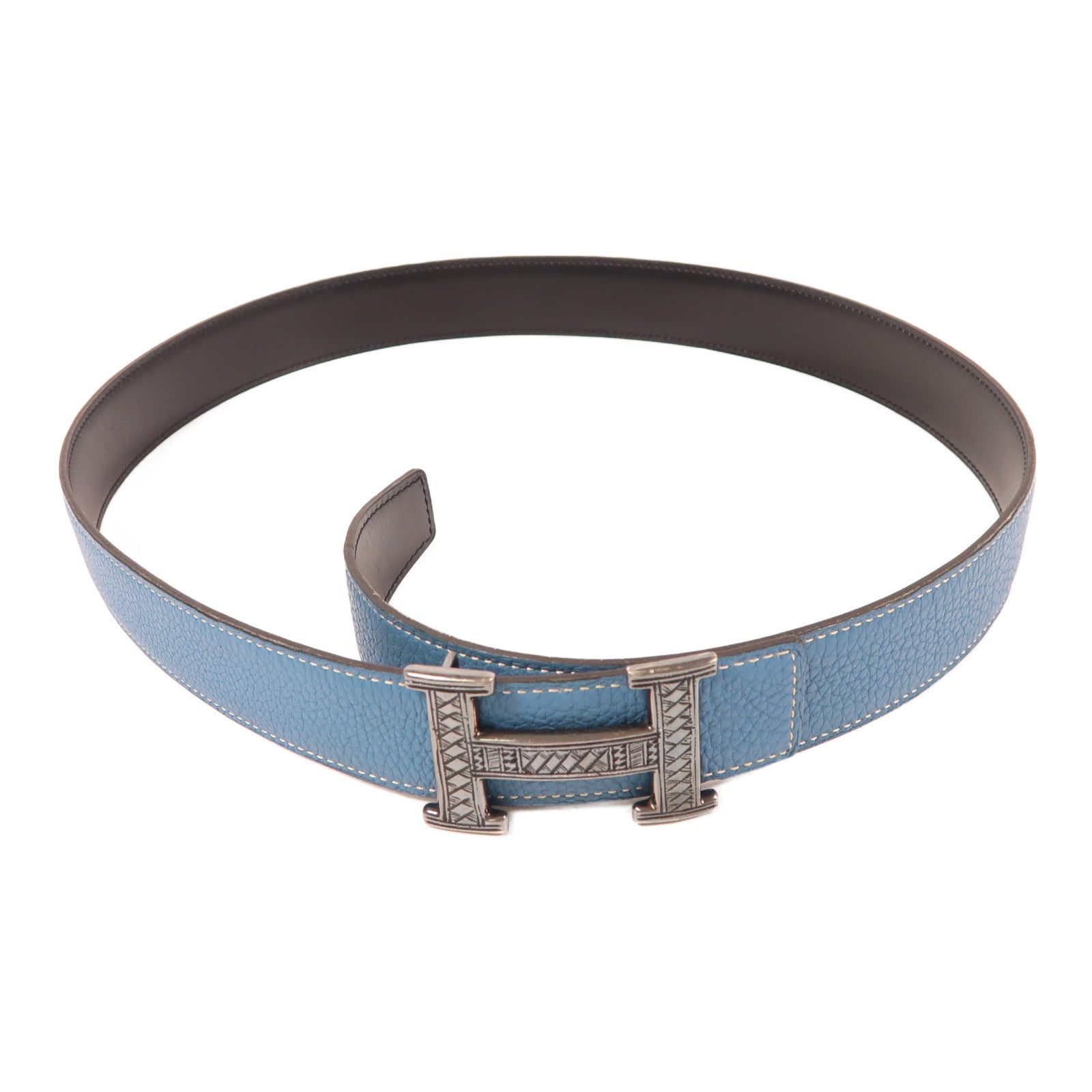 HERMES Clemence皮革Constance Belt銀扣皮帶Bleu Jean藍色