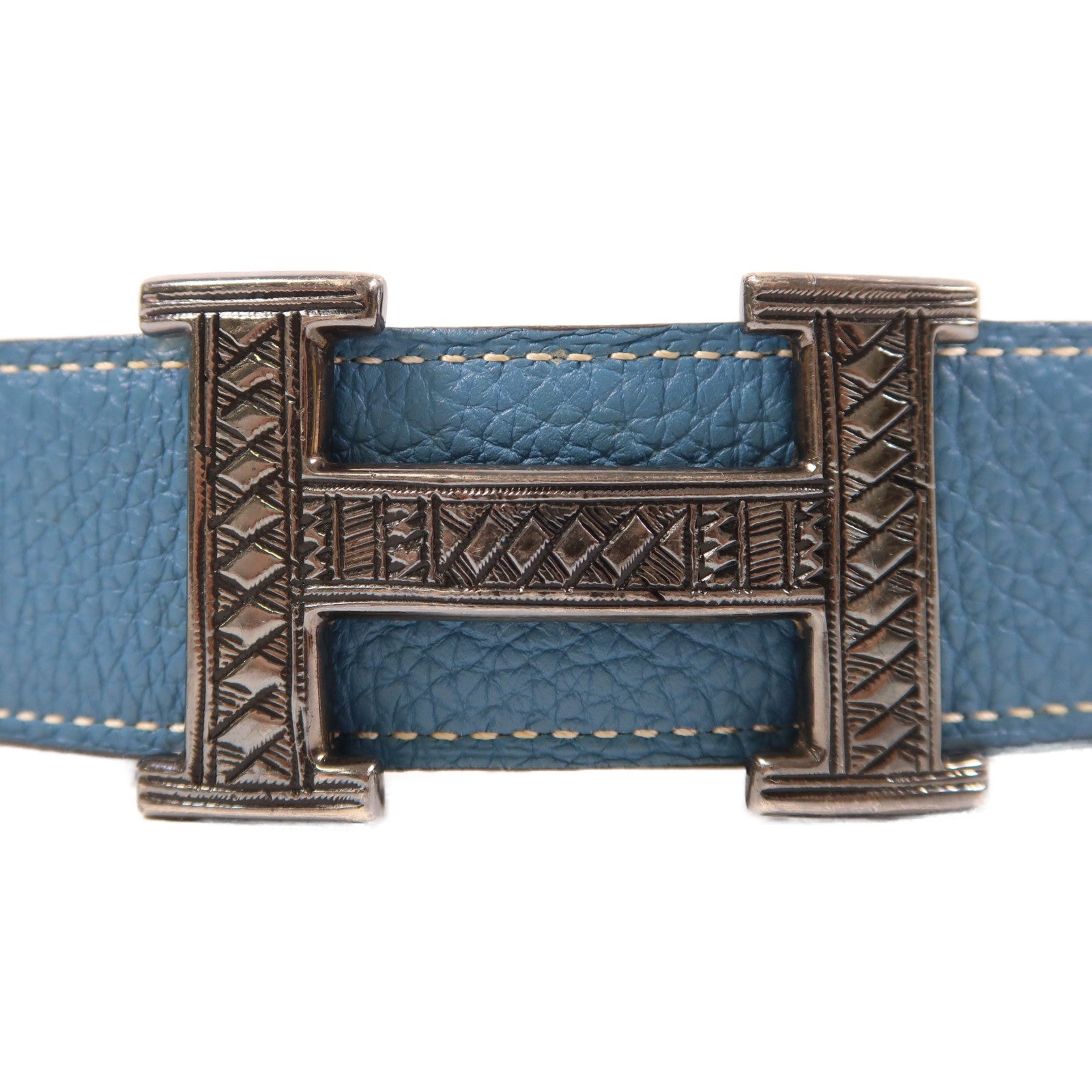 HERMES Clemence皮革Constance Belt銀扣皮帶Bleu Jean藍色