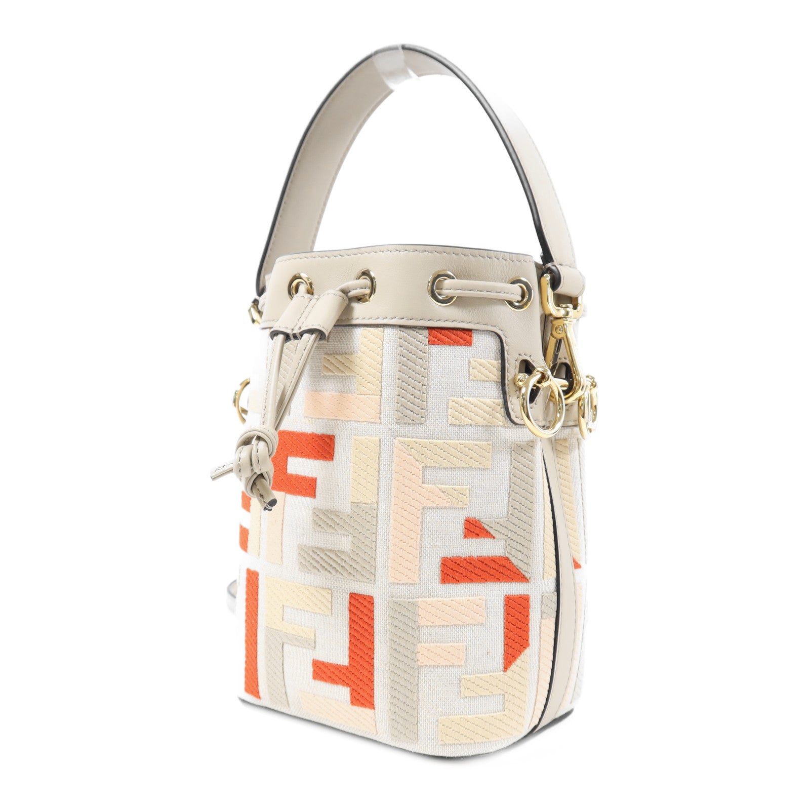 FENDI GHW Mini Mon Tresor 2 Way Shoulder Handbag Canvas/Calfskin Grey/Beige/Pink