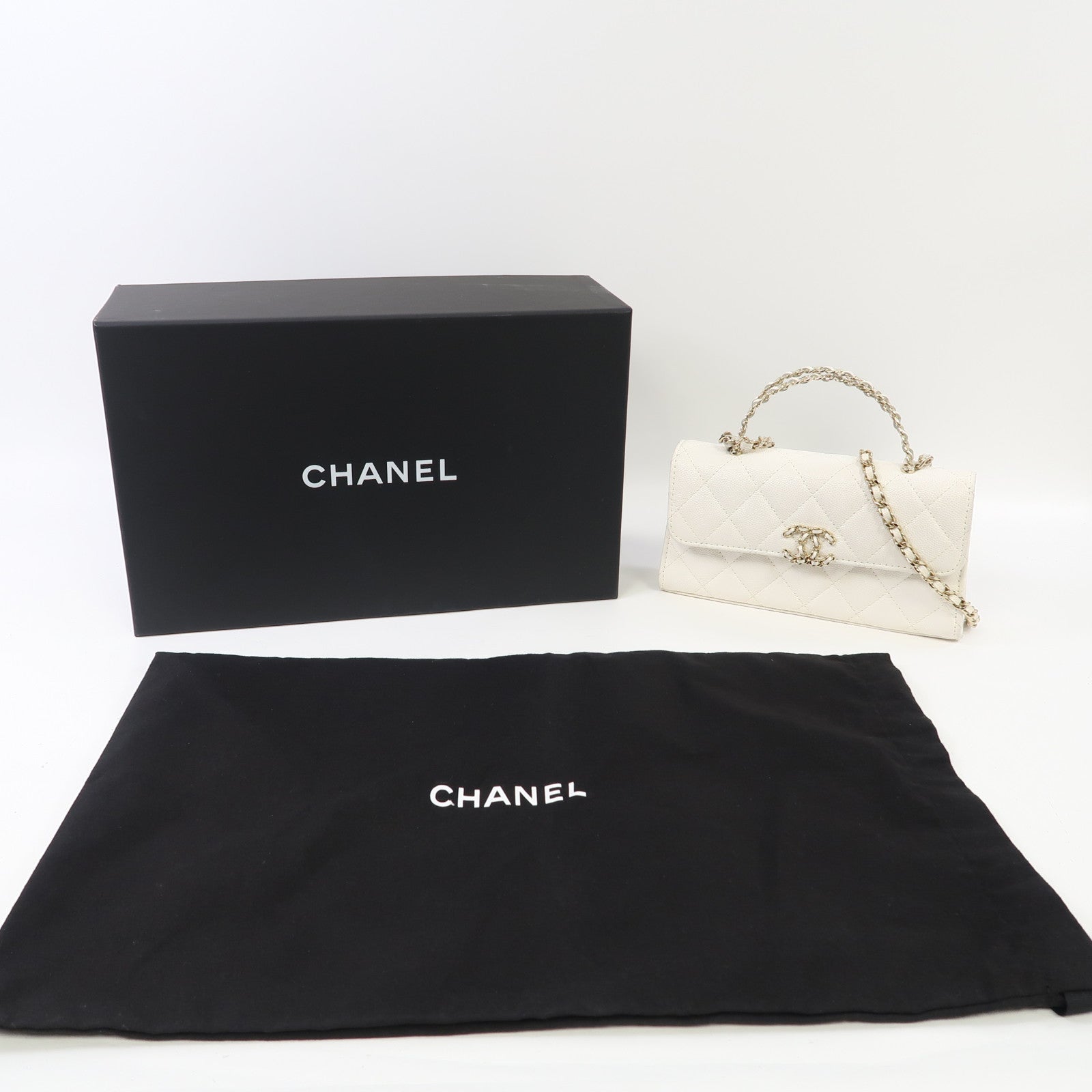 CHANEL Caviar皮革Chain Bag With Top Handle金扣鏈帶肩背袋白色