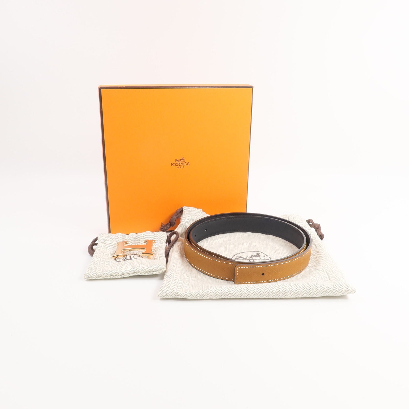 HERMES Epsom/Swift皮革24mm Mini Constance H Belt 75cm皮帶Gold/Noir