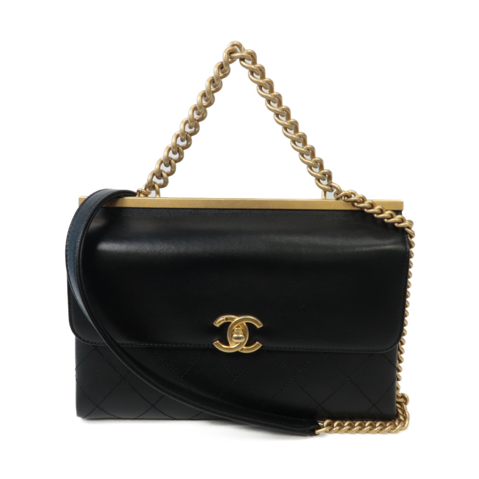 CHANEL 【激減優惠】菱格牛皮皮革2 Way Chain Shoulder金扣手挽肩背兩用鏈帶袋黑色
