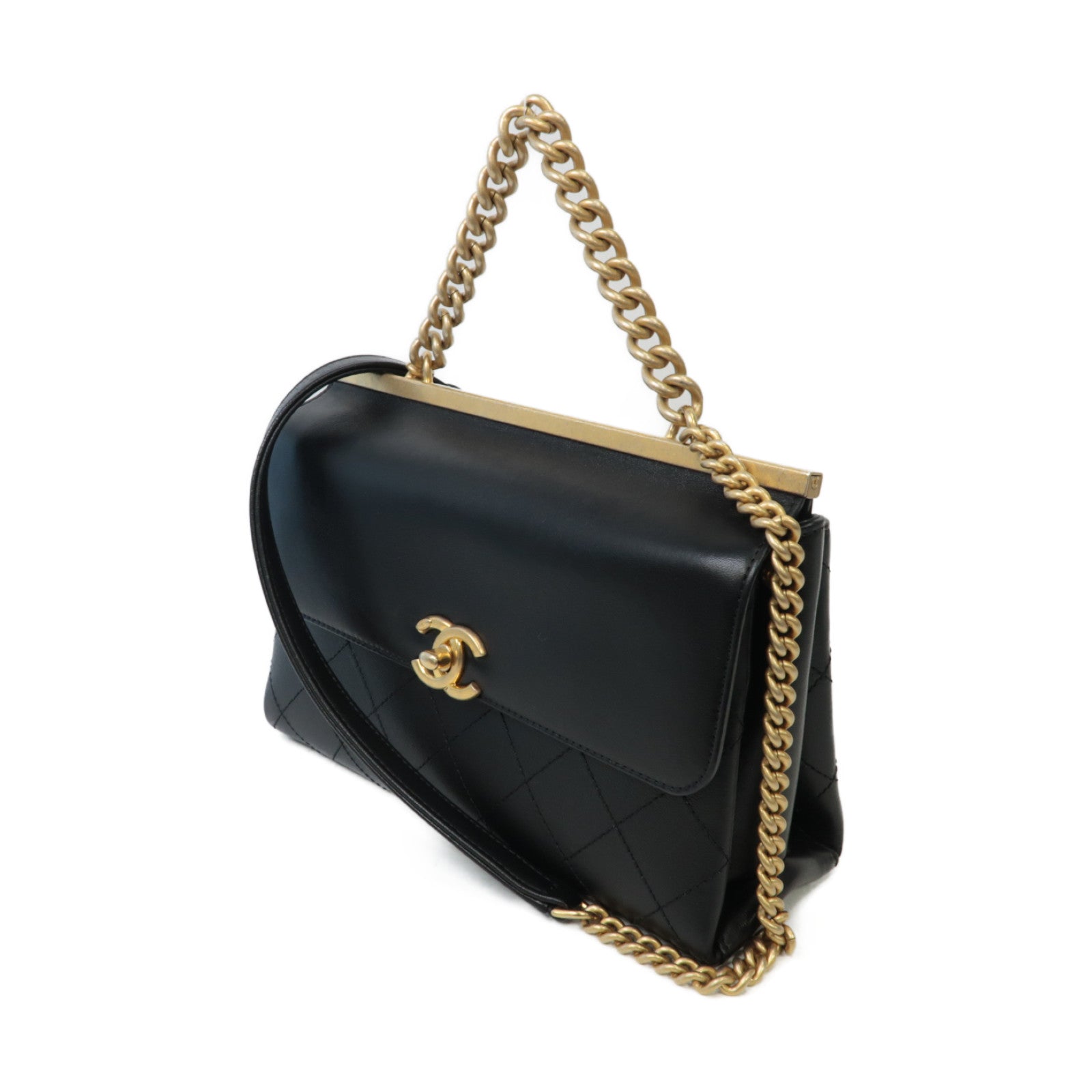 CHANEL 【激減優惠】菱格牛皮皮革2 Way Chain Shoulder金扣手挽肩背兩用鏈帶袋黑色