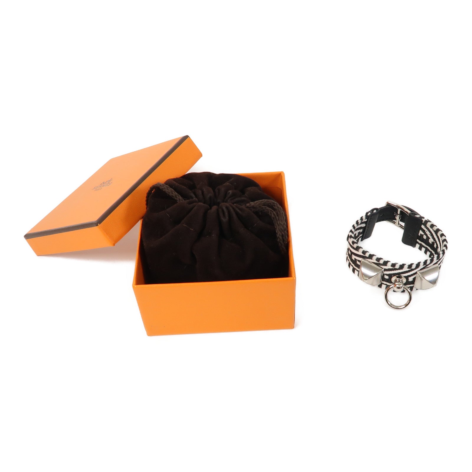 HERMES 帆布Rivale Cavale Bracelet銀扣手鐲黑色/白色