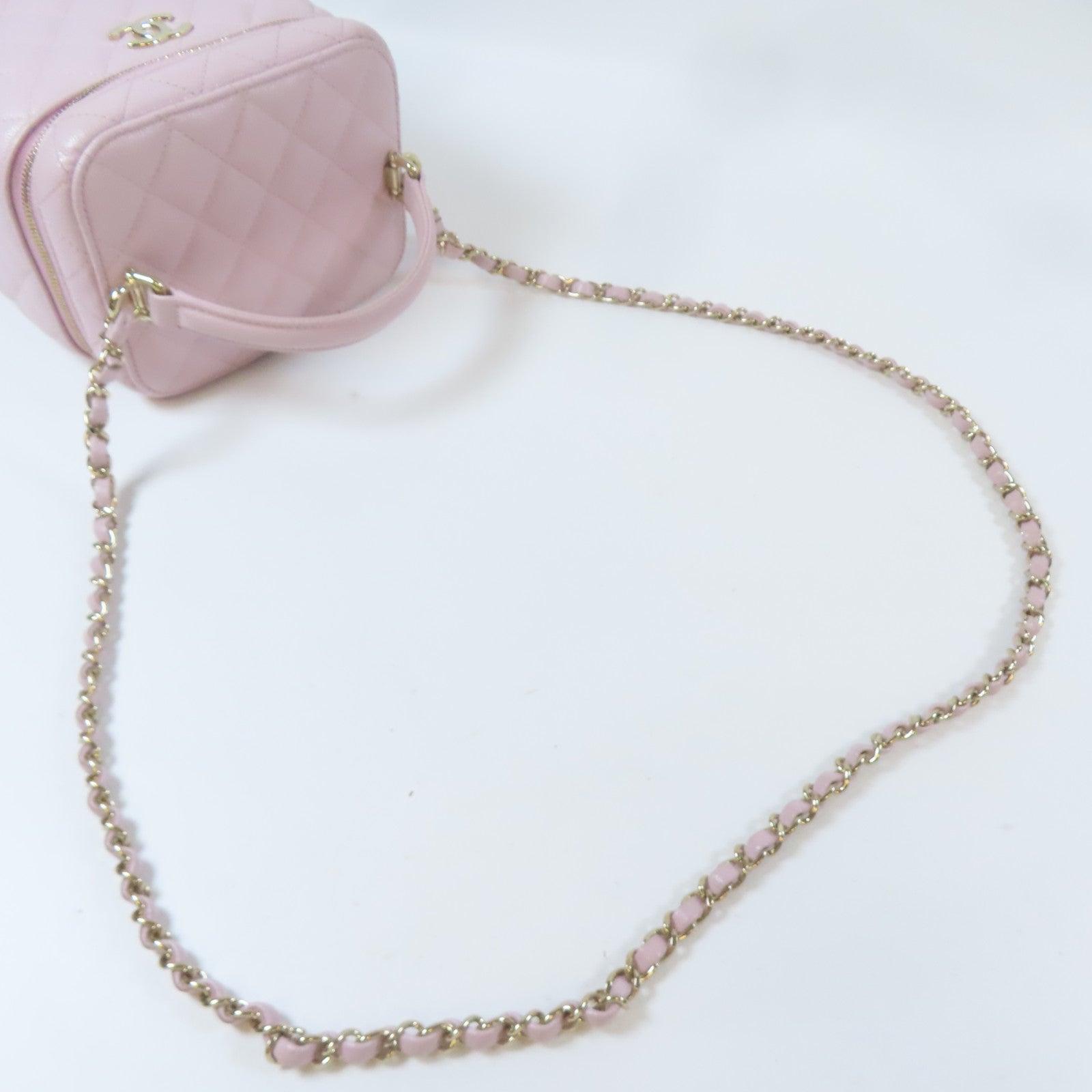 CHANEL 【激減優惠】菱格Caviar皮革Vanity Case金扣手挽肩背兩用袋粉紅色