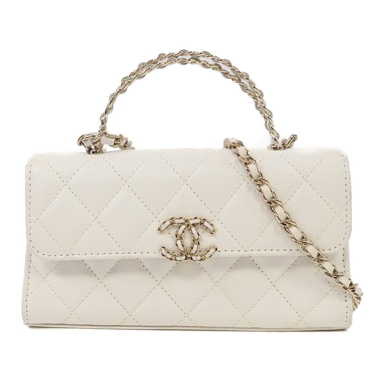 CHANEL Caviar皮革Chain Bag With Top Handle金扣鏈帶肩背袋白色