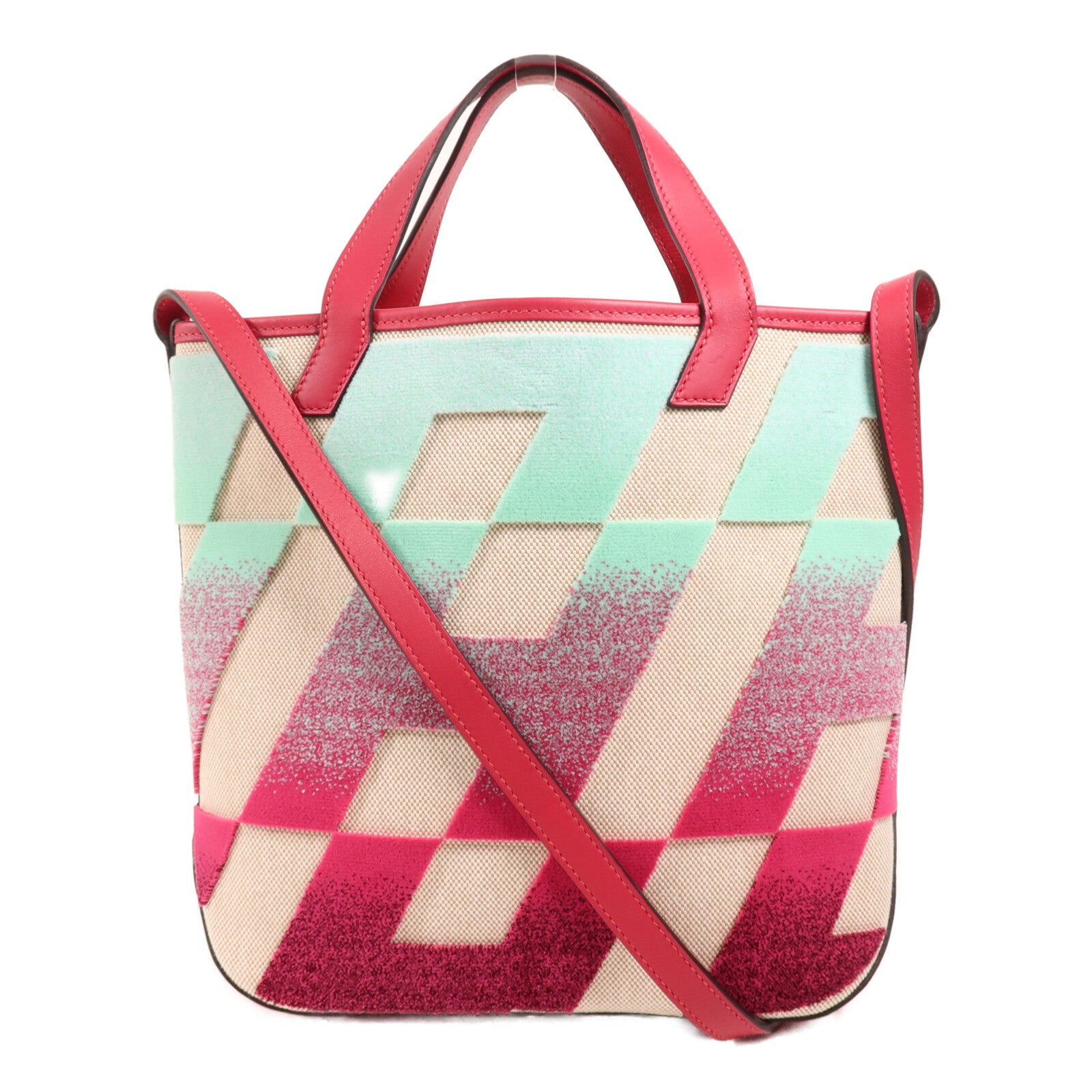 HERMES 【激減優惠】Toile H帆布/天鵝絨Cabas H En Biais 27手挽肩背兩用袋Framboise