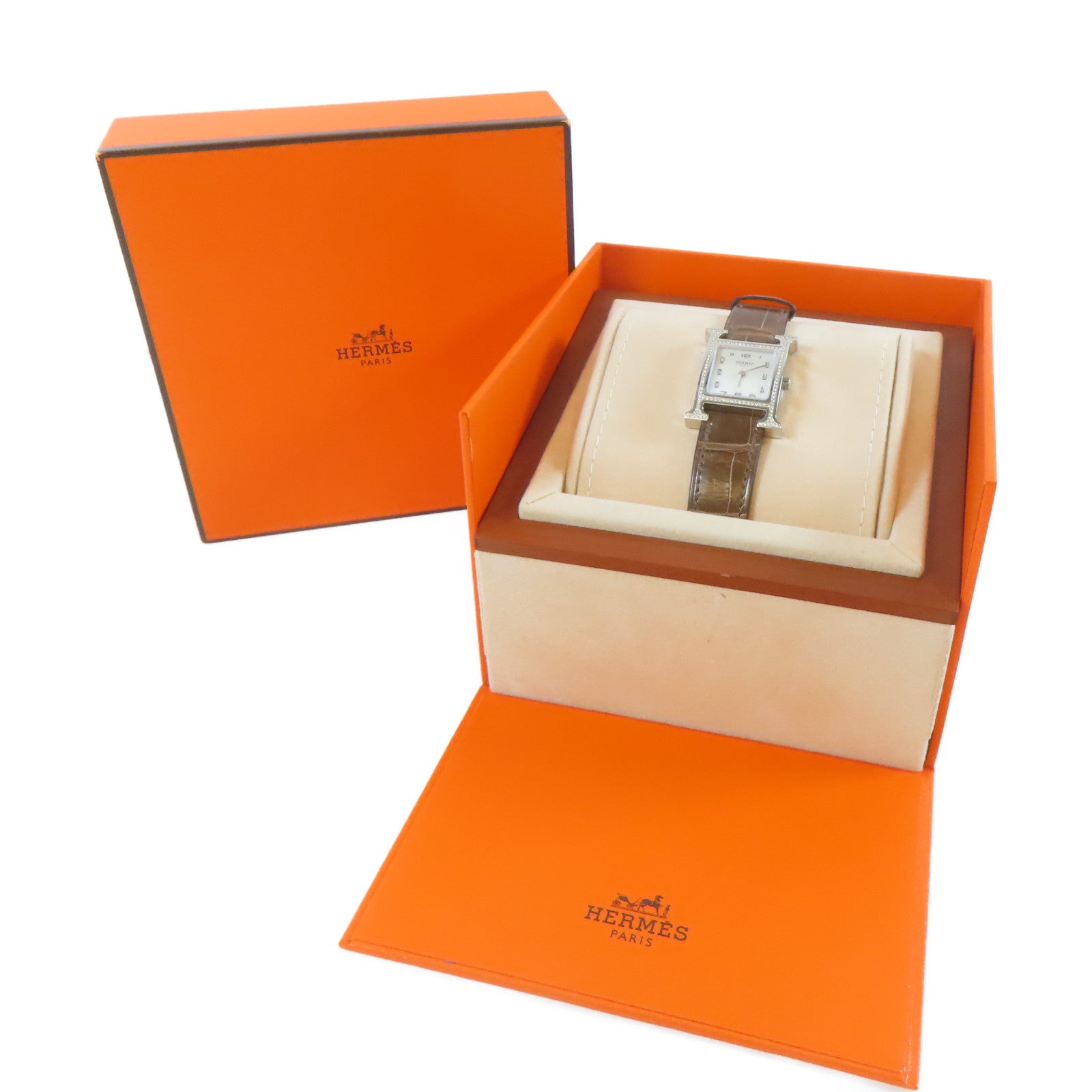 HERMES H Watch Diamond不鏽鋼/鑽石/鱷魚皮革帶石英機芯手錶白色/啡色#16cm