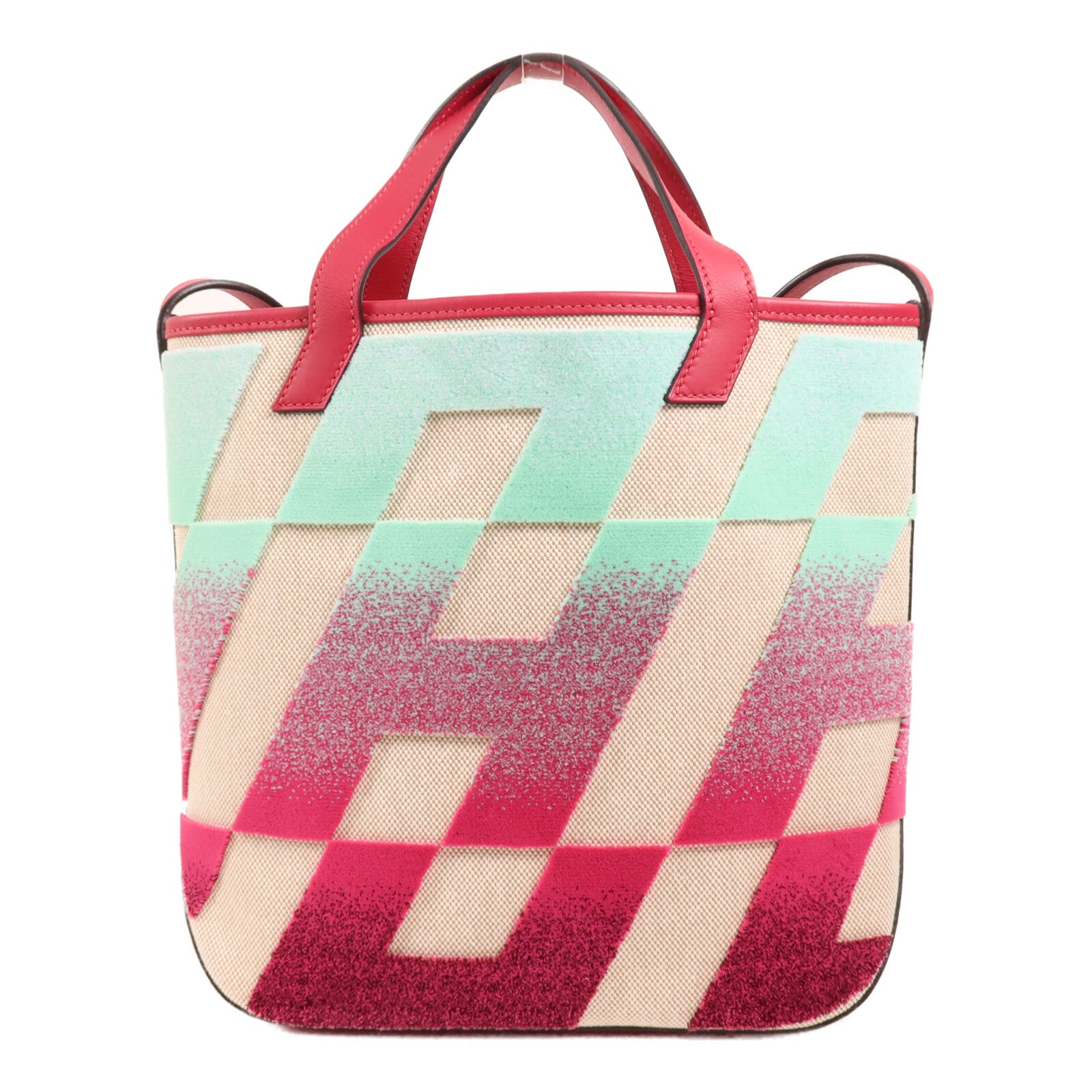 HERMES 【激減優惠】Toile H帆布/天鵝絨Cabas H En Biais 27手挽肩背兩用袋Framboise