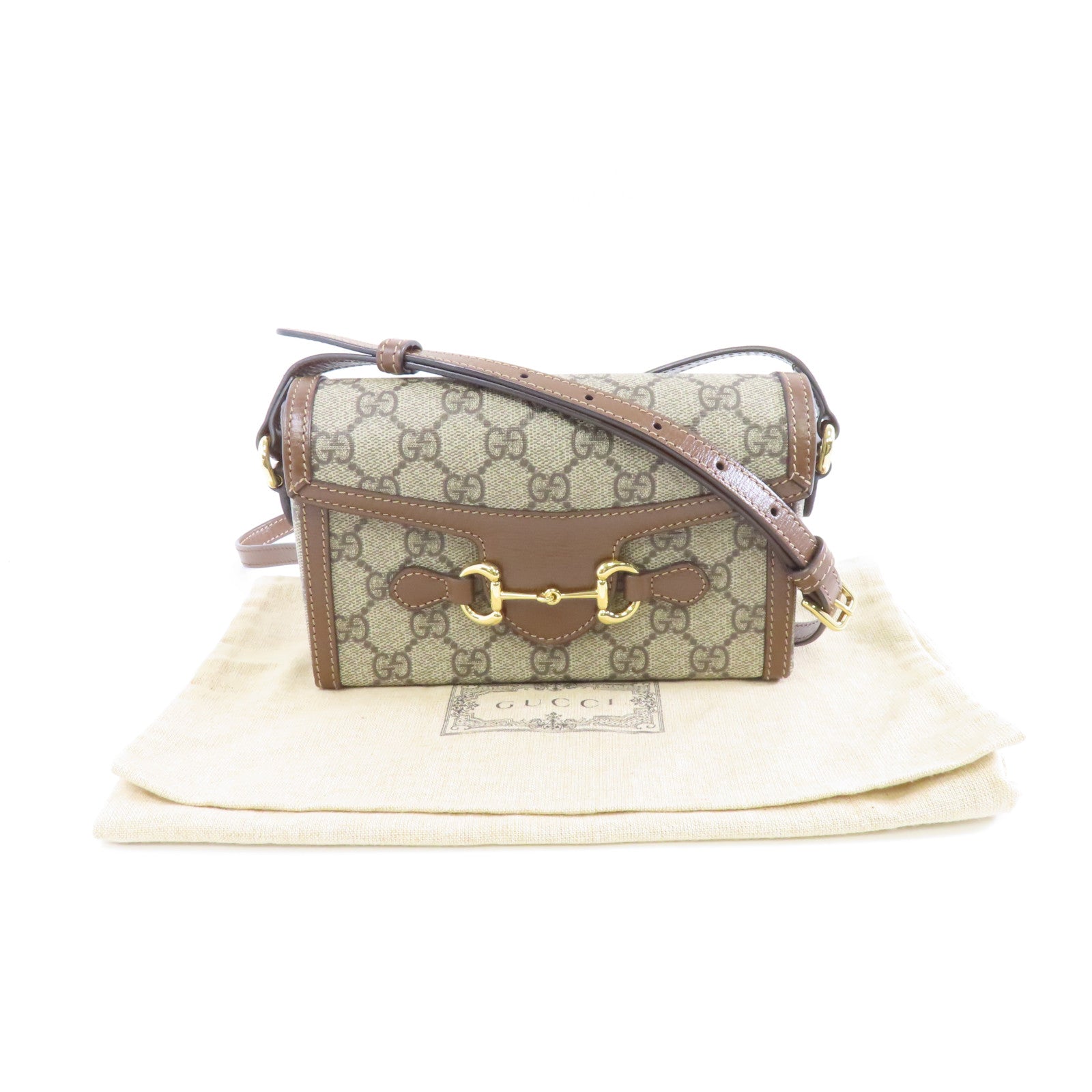 GUCCI 塗層帆布Horsebit 1955 Mini金扣肩背袋啡色
