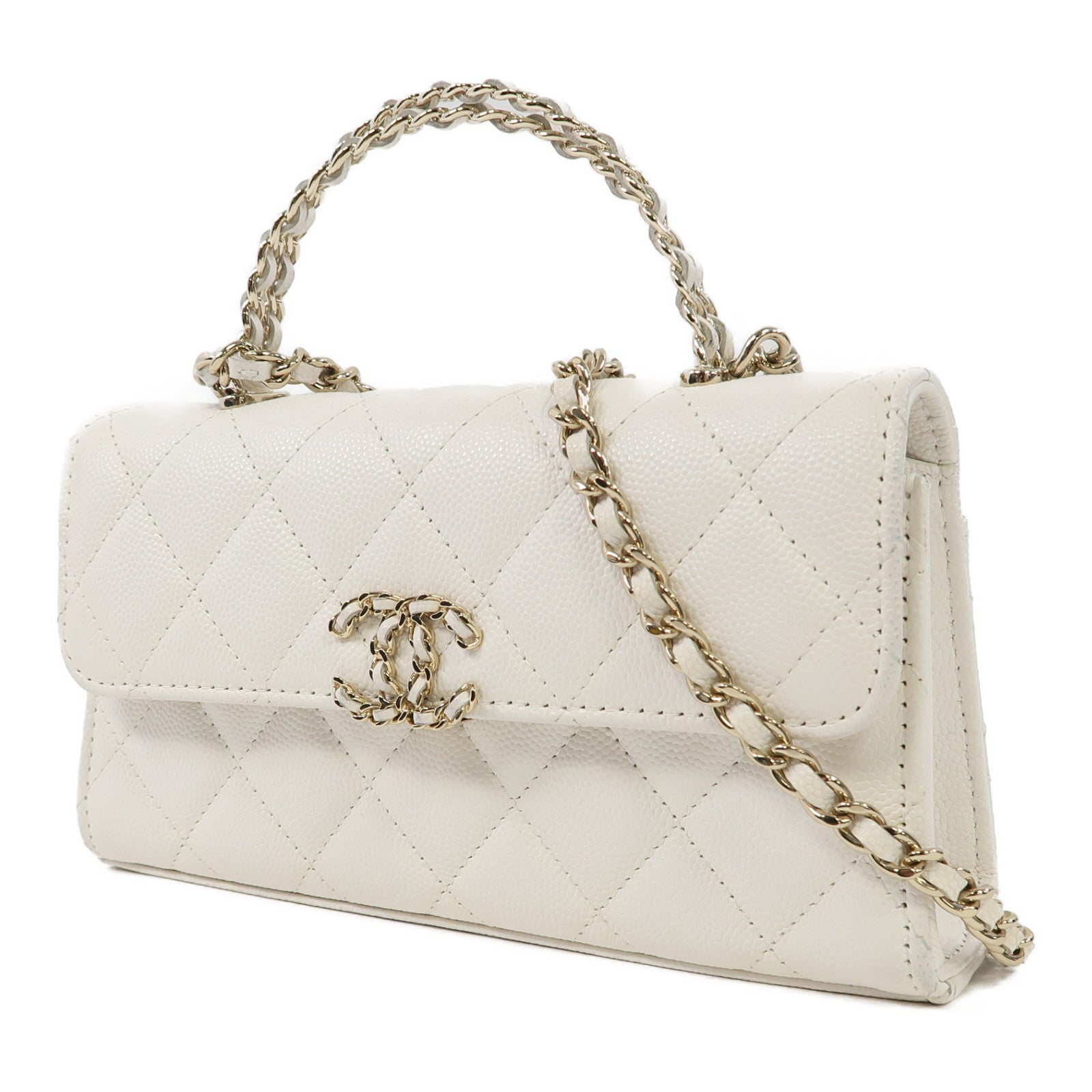 CHANEL Caviar皮革Chain Bag With Top Handle金扣鏈帶肩背袋白色