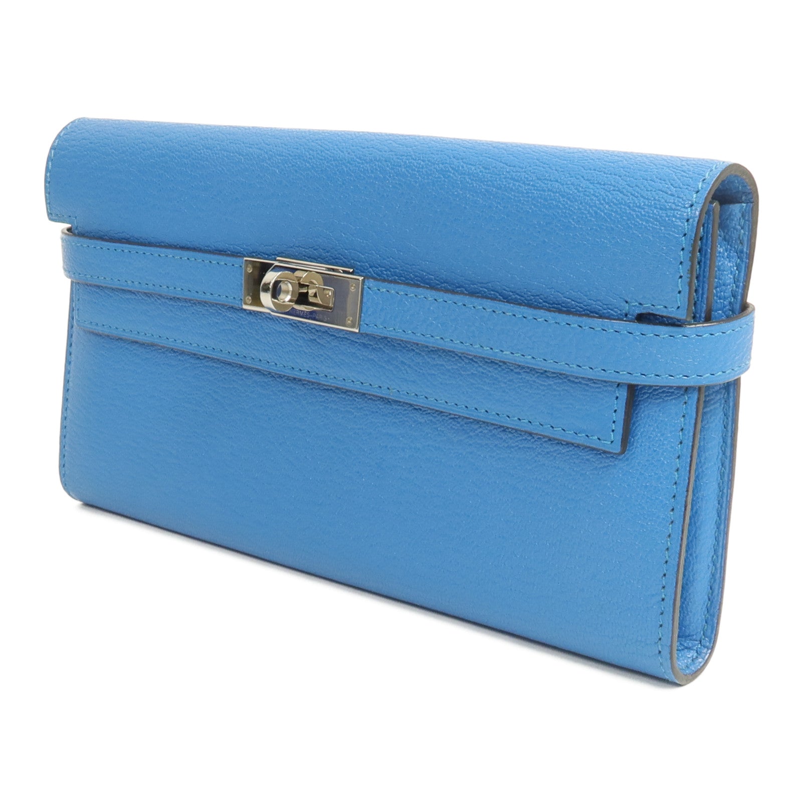 HERMES Chevre皮革Kelly wallet長錢包Bleu Zanzibar