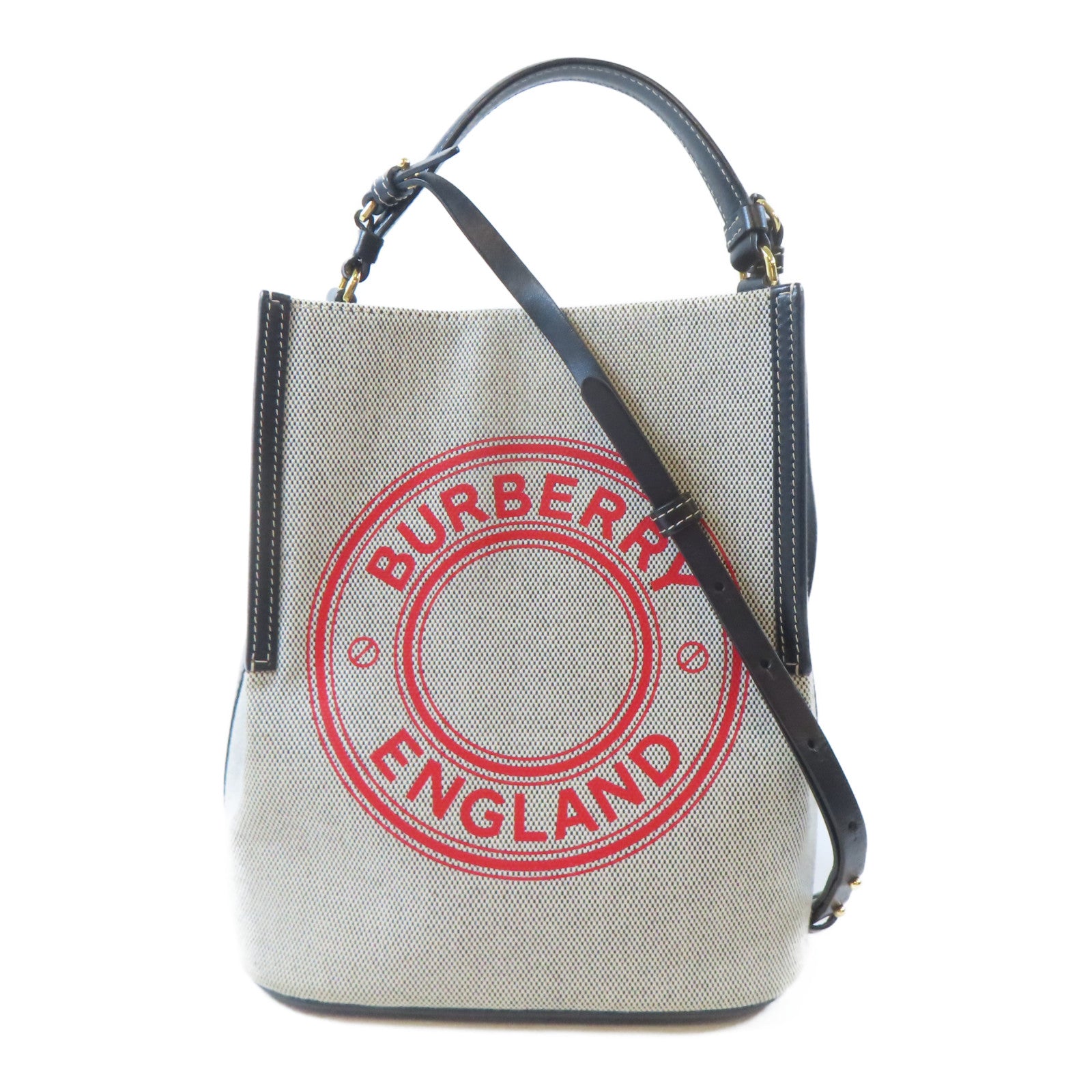 BURBERRY 帆布Bucket Bag金扣手挽肩背兩用袋白色/黑色