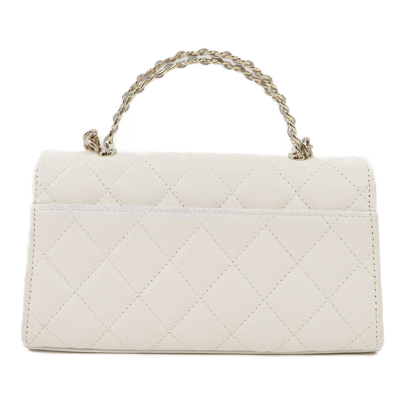 CHANEL Caviar皮革Chain Bag With Top Handle金扣鏈帶肩背袋白色