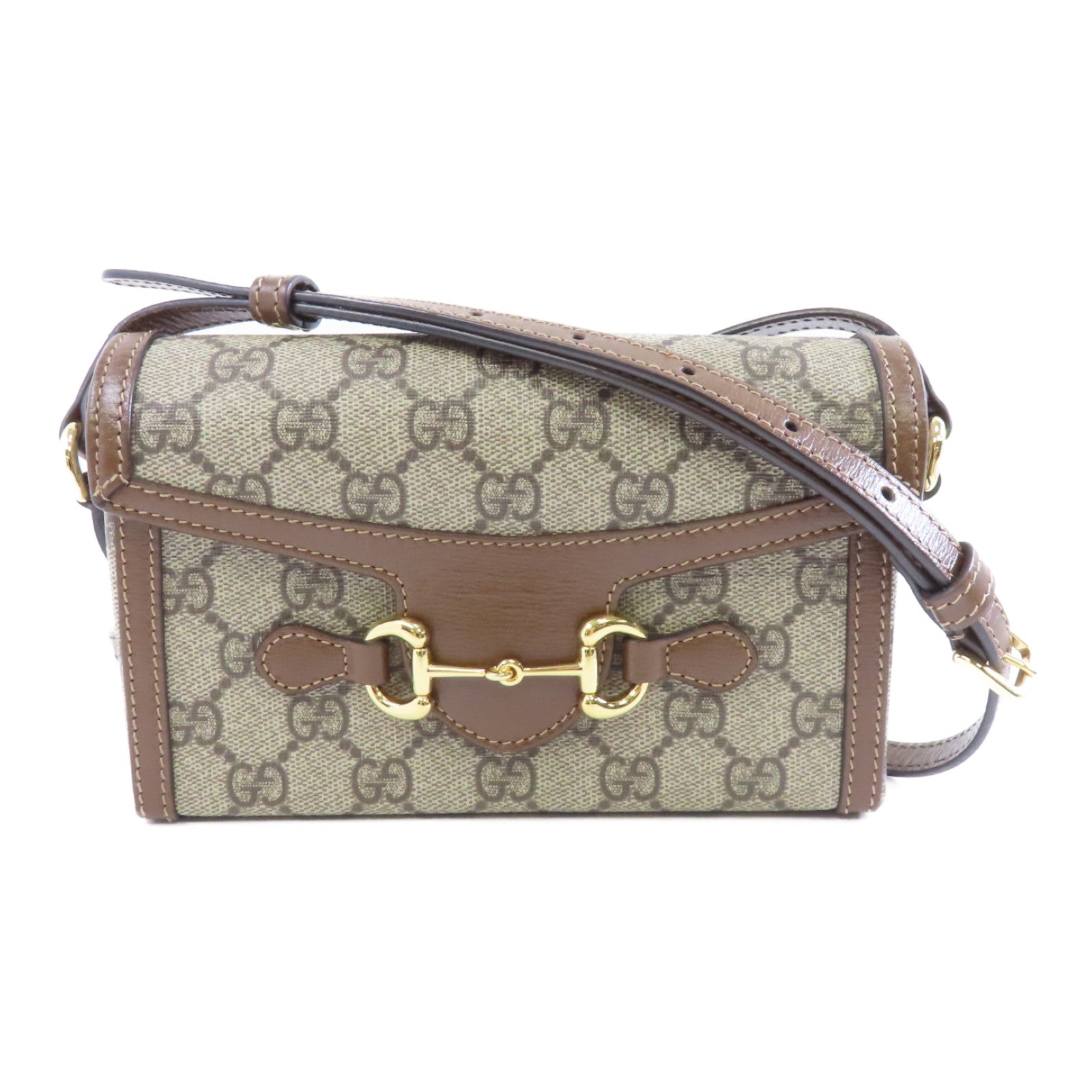 GUCCI 塗層帆布Horsebit 1955 Mini金扣肩背袋啡色