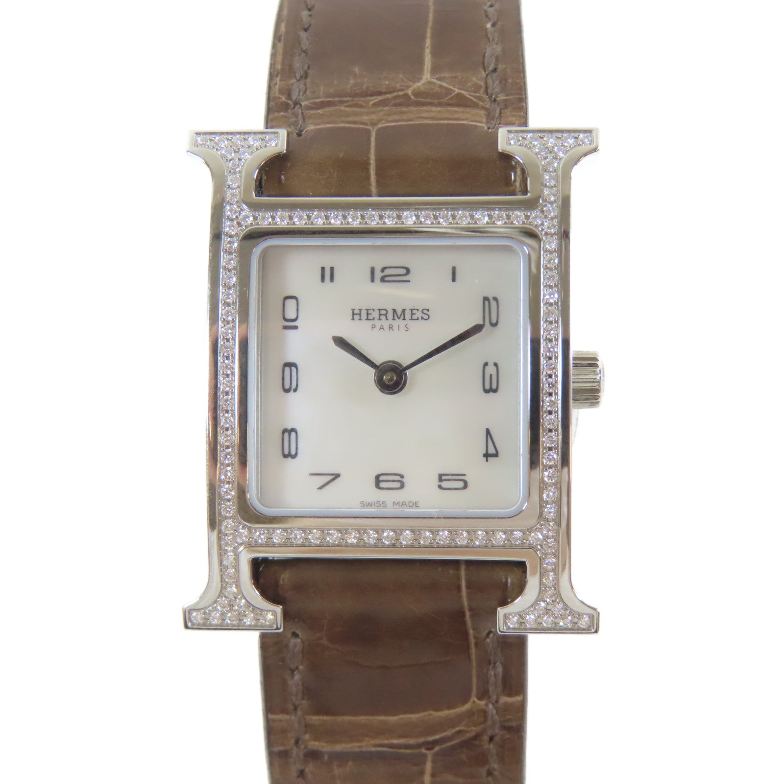 HERMES H Watch Diamond不鏽鋼/鑽石/鱷魚皮革帶石英機芯手錶白色/啡色#16cm