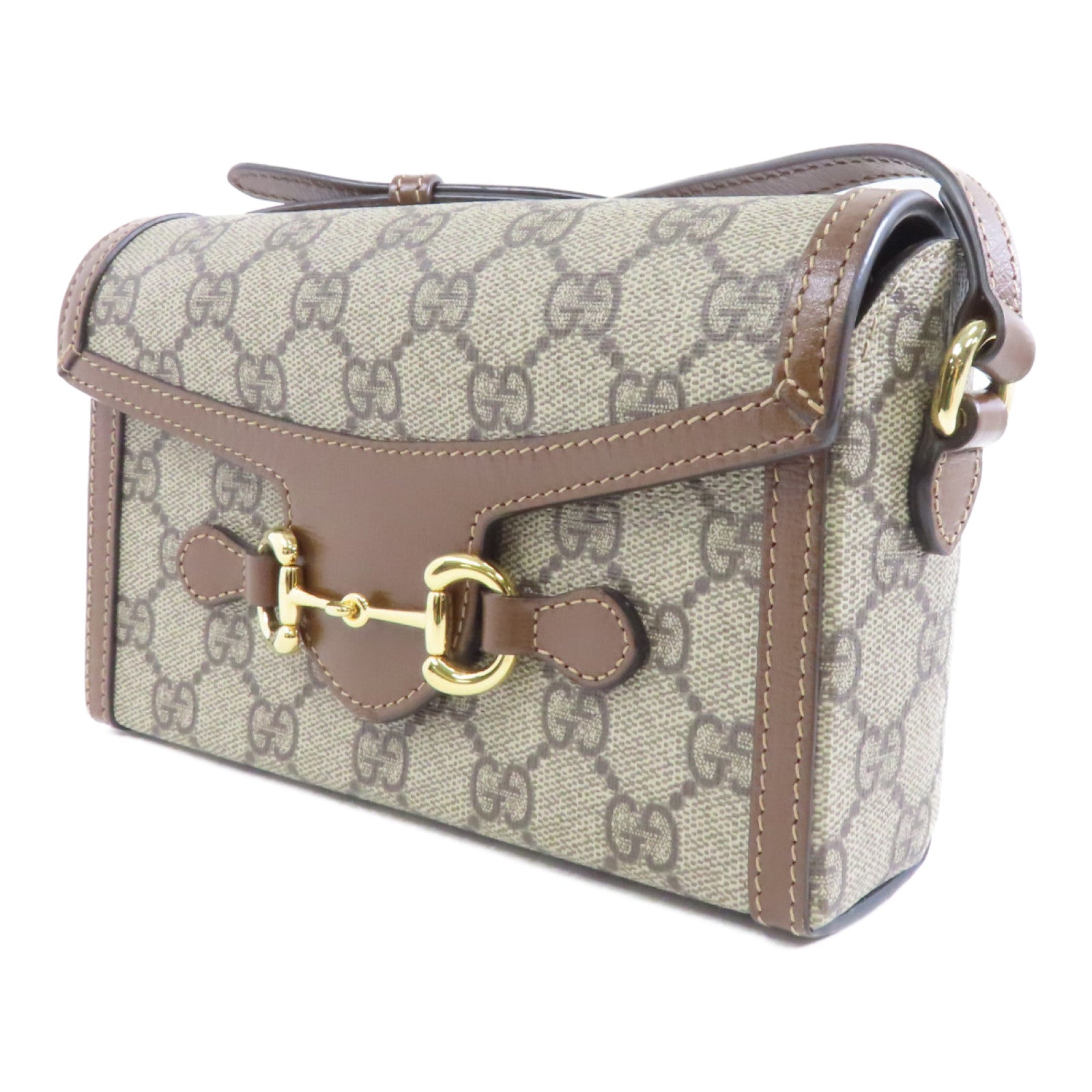 GUCCI 塗層帆布Horsebit 1955 Mini金扣肩背袋啡色