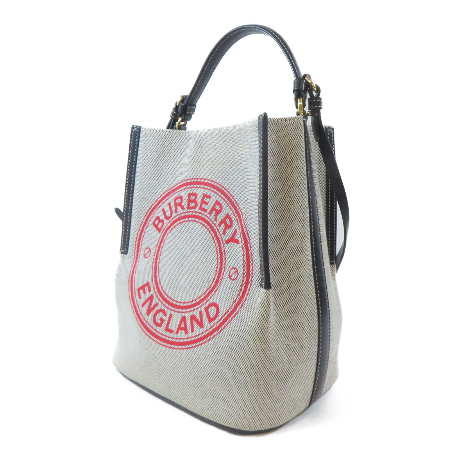BURBERRY 帆布Bucket Bag金扣手挽肩背兩用袋白色/黑色