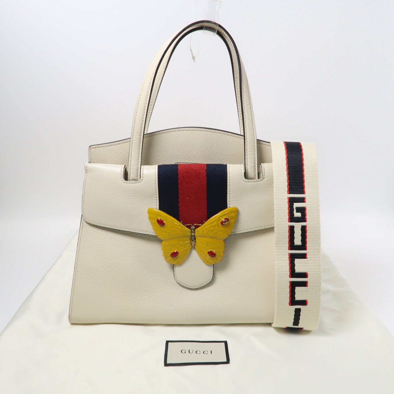 GUCCI 牛皮皮革Totem Butterfly金扣手挽肩背兩用袋白色