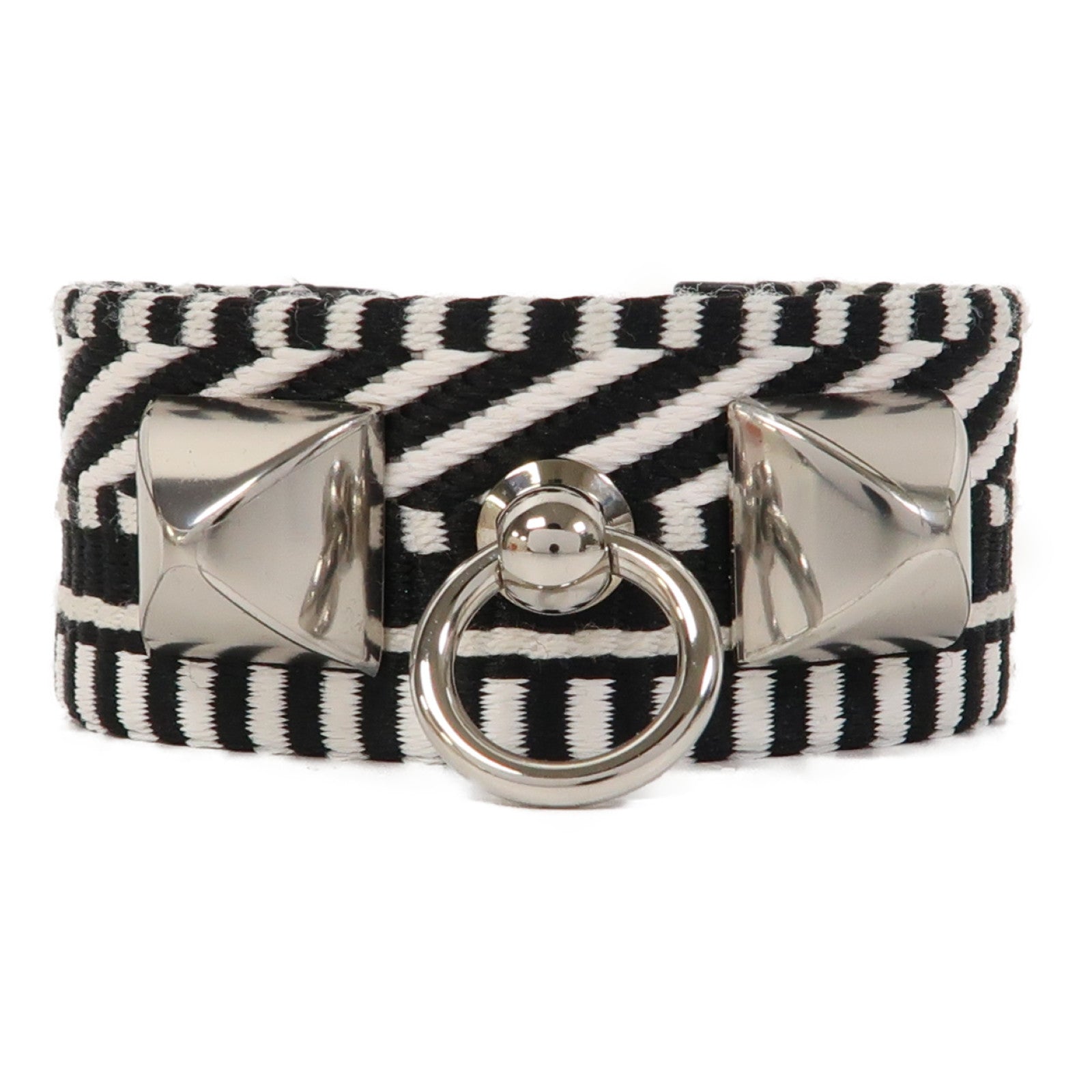 HERMES 帆布Rivale Cavale Bracelet銀扣手鐲黑色/白色