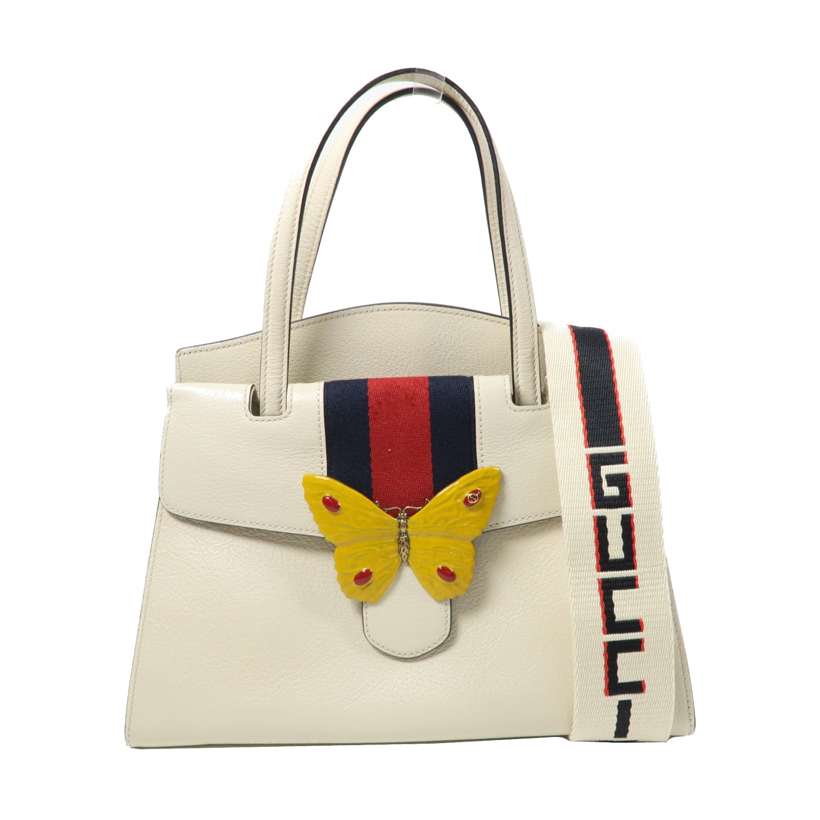 GUCCI 牛皮皮革Totem Butterfly金扣手挽肩背兩用袋白色
