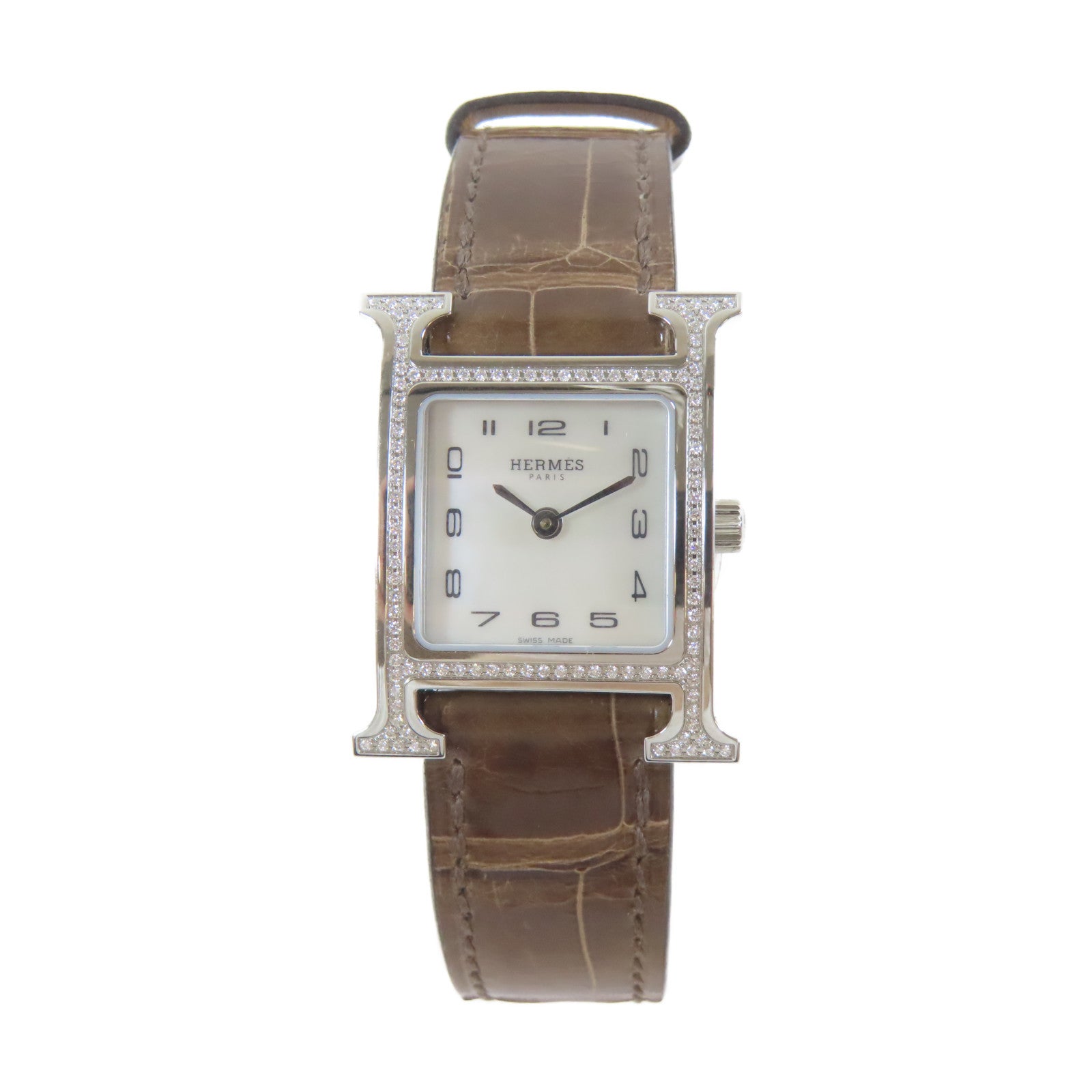 HERMES H Watch Diamond不鏽鋼/鑽石/鱷魚皮革帶石英機芯手錶白色/啡色#16cm