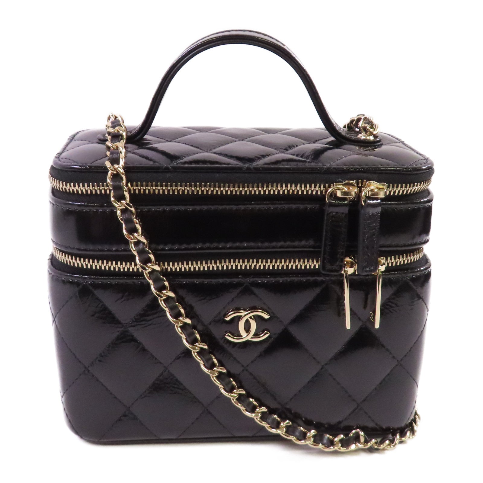 CHANEL 【激減優惠】漆皮皮革Vanity Case金扣鏈帶手挽肩背兩用袋