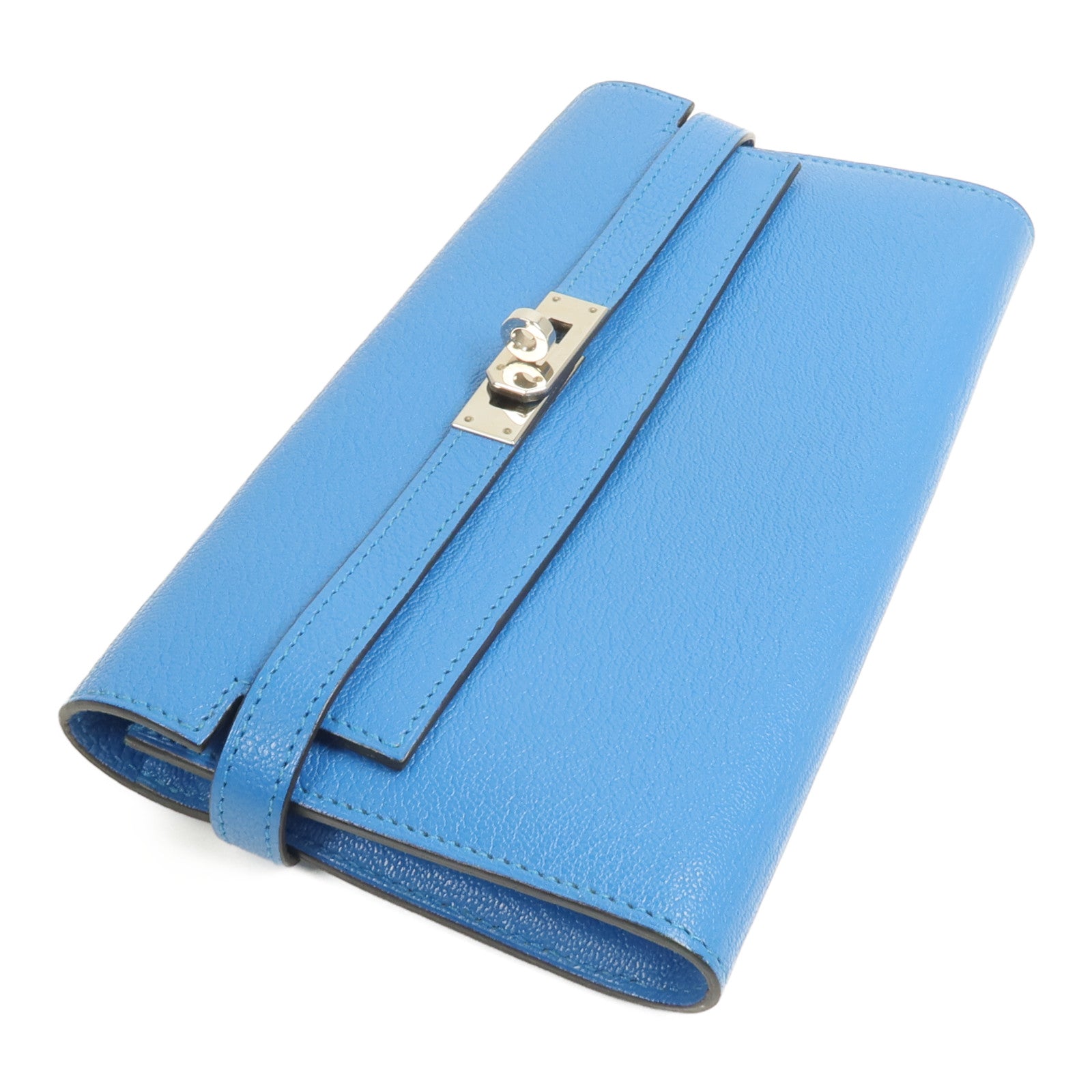 HERMES Chevre皮革Kelly wallet長錢包Bleu Zanzibar