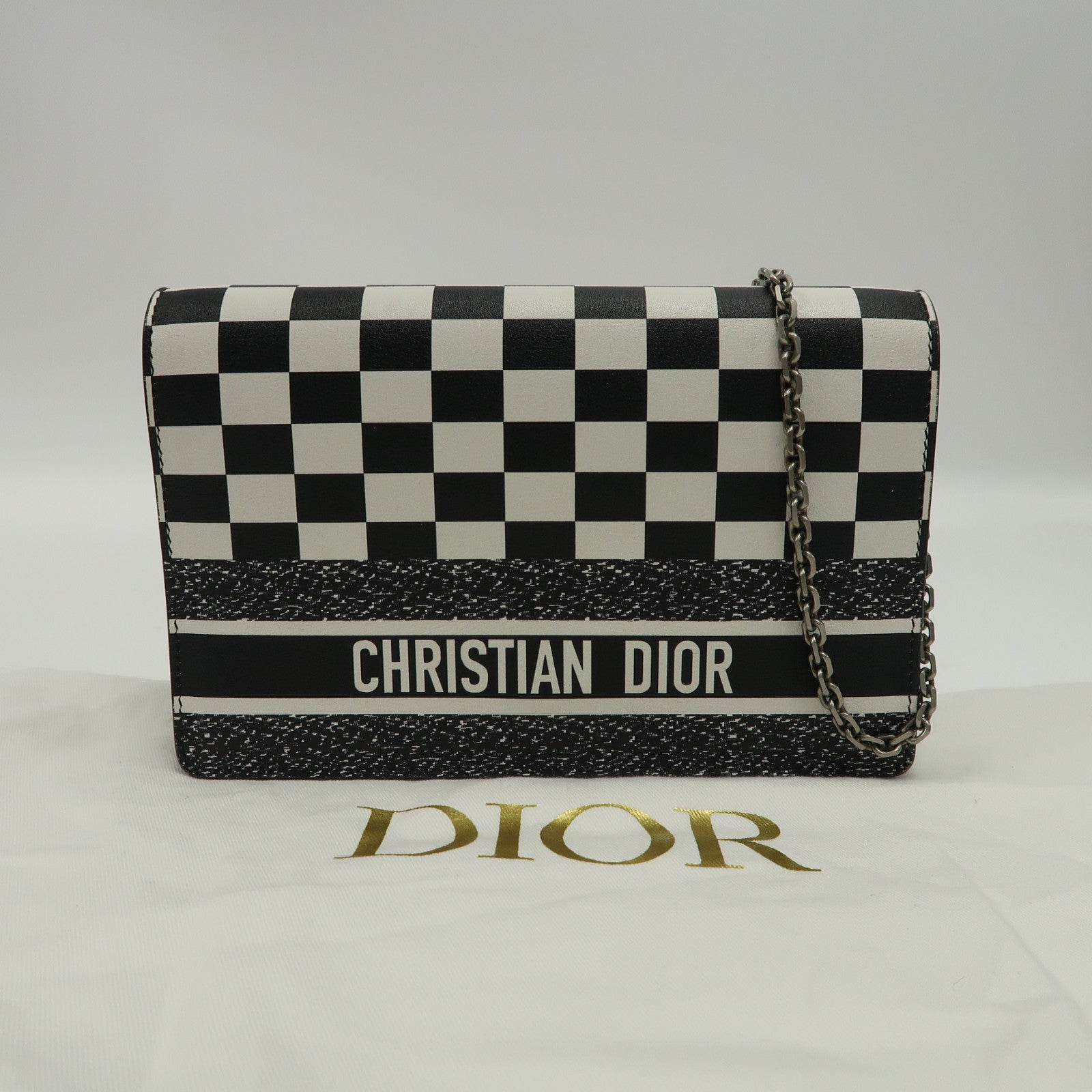 Dior 牛皮皮革Wallet On Chain銀扣鏈帶肩背袋黑色/白色
