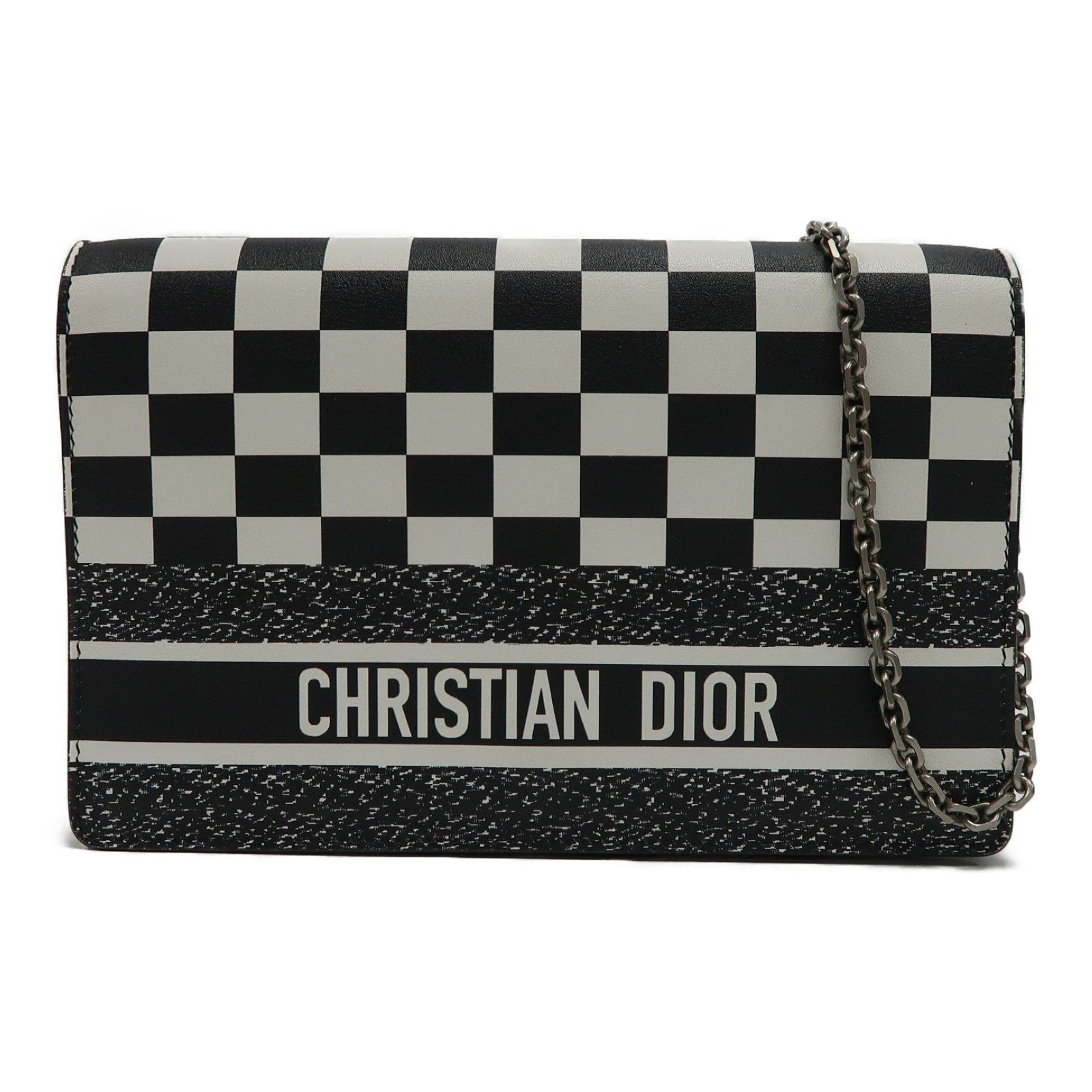 Dior 牛皮皮革Wallet On Chain銀扣鏈帶肩背袋黑色/白色
