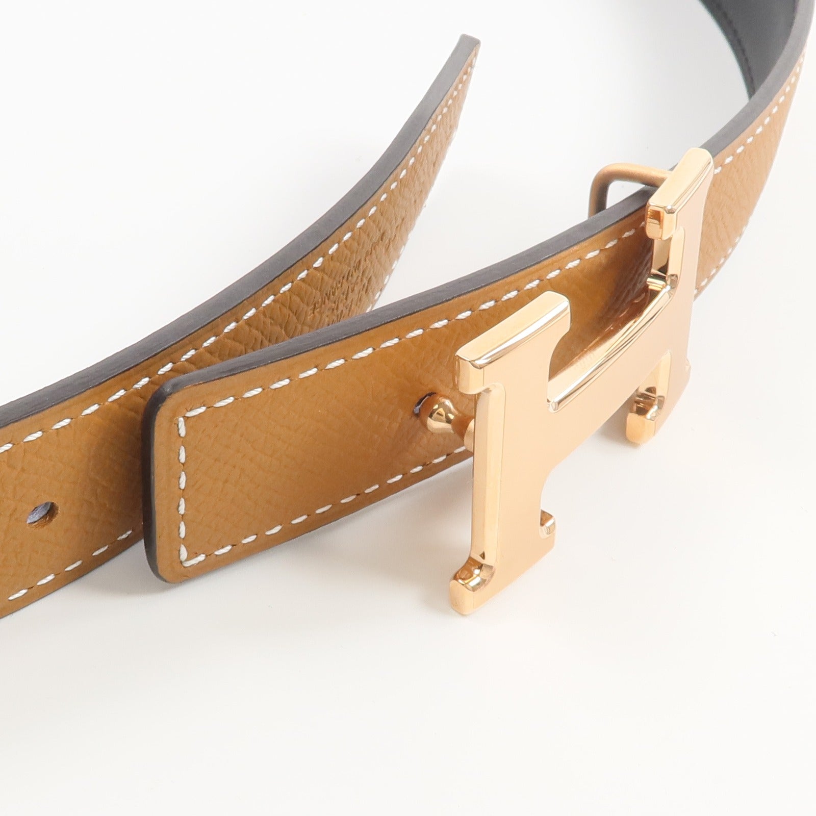 HERMES Epsom/Swift皮革24mm Mini Constance H Belt 75cm皮帶Gold/Noir