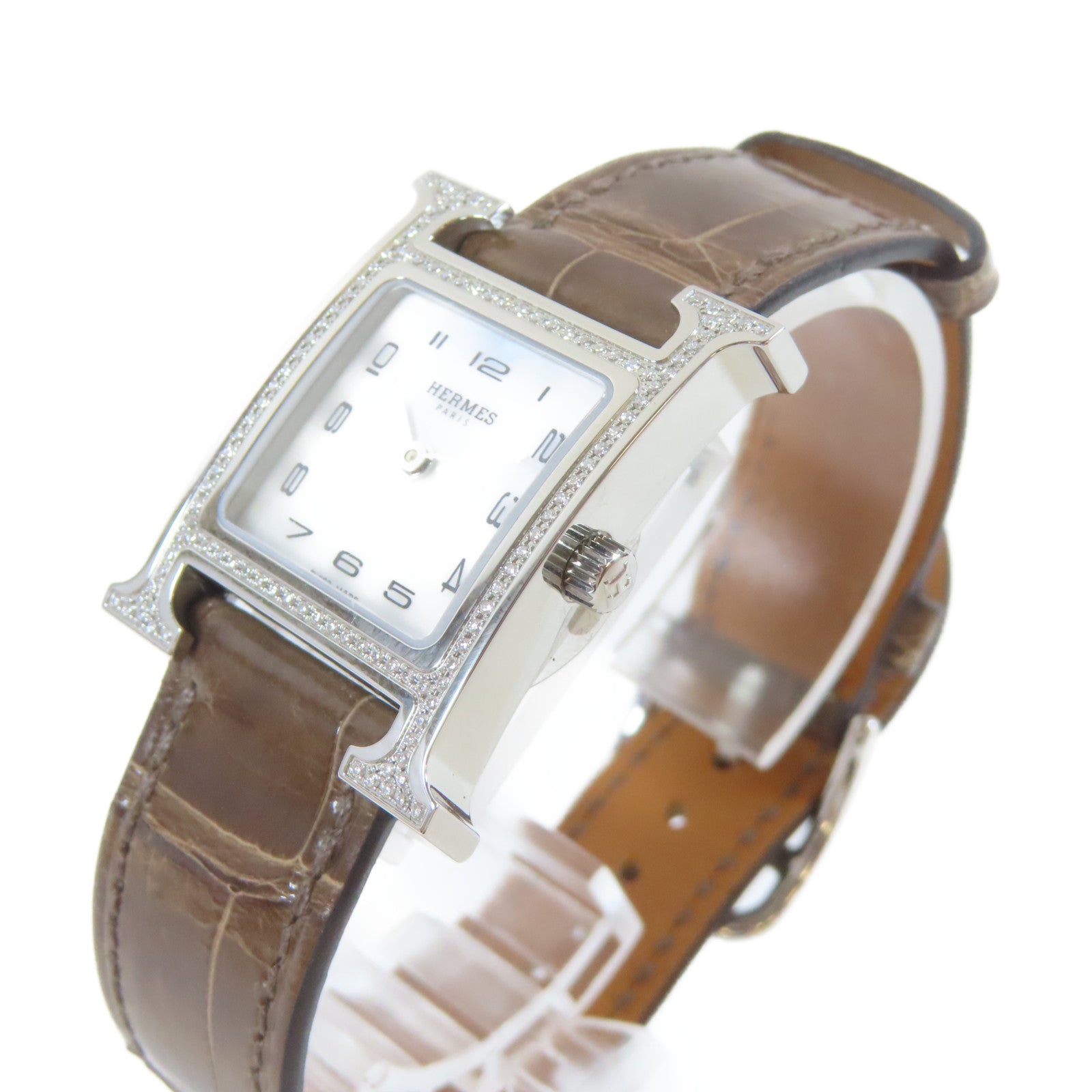 HERMES H Watch Diamond不鏽鋼/鑽石/鱷魚皮革帶石英機芯手錶白色/啡色#16cm