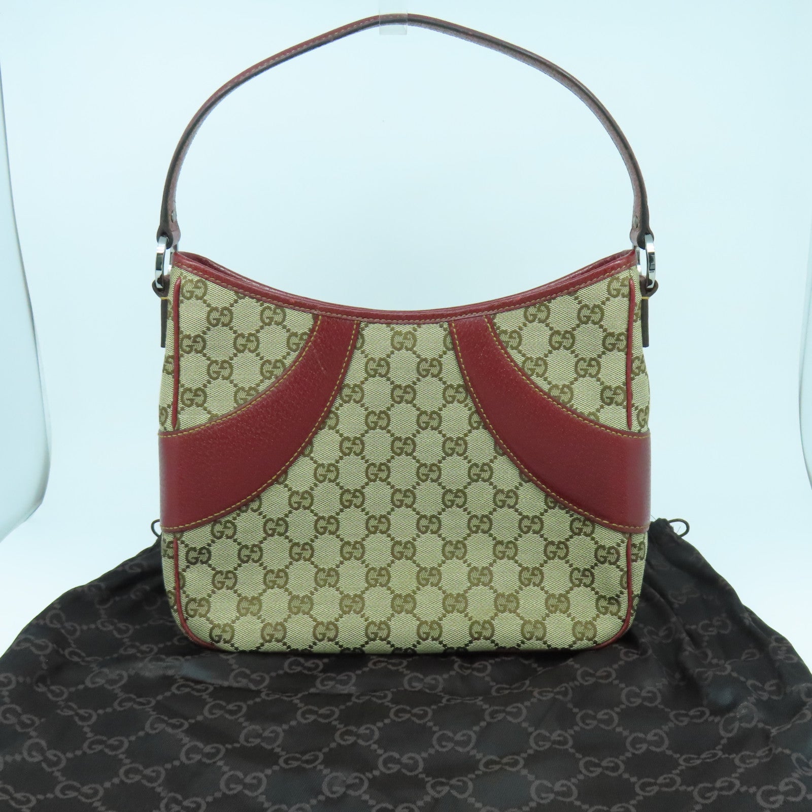 GUCCI 【清倉大減價】帆布/皮革Shoulder Bag銀扣肩背袋啡色/紅色