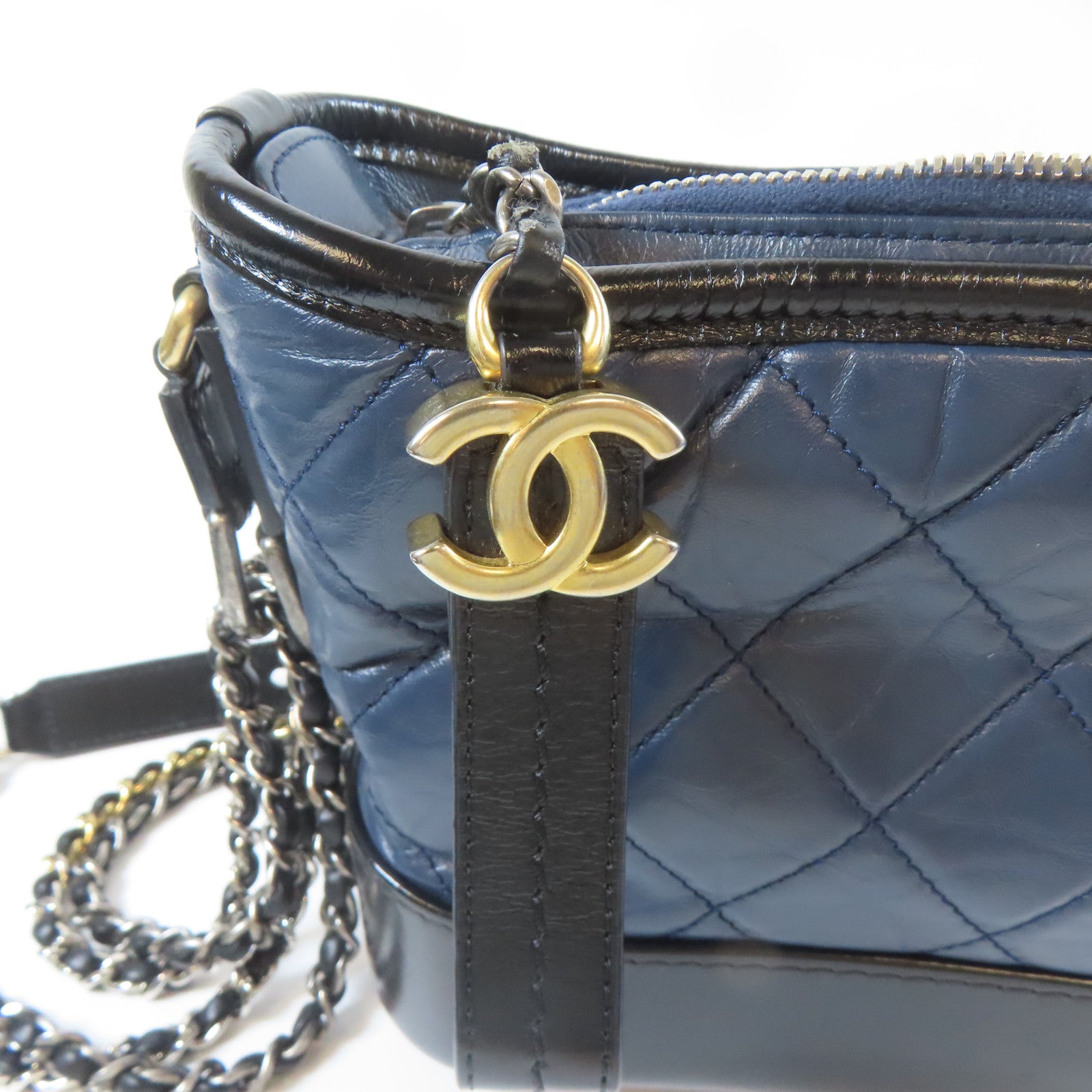 CHANEL 【激減優惠】菱格牛皮皮革Gabrielle Small金扣/銀扣鏈帶肩背袋深藍色/黑色