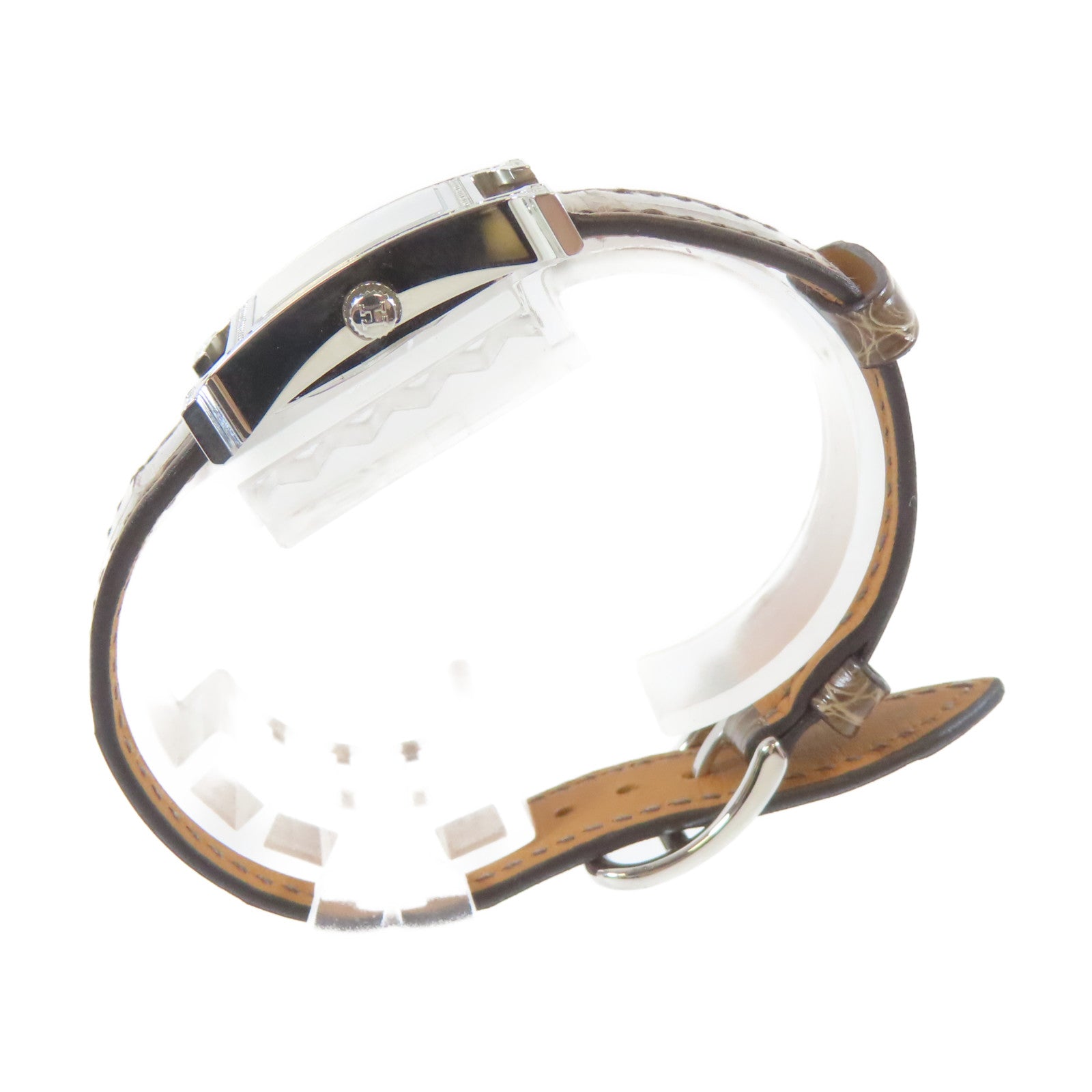 HERMES H Watch Diamond不鏽鋼/鑽石/鱷魚皮革帶石英機芯手錶白色/啡色#16cm
