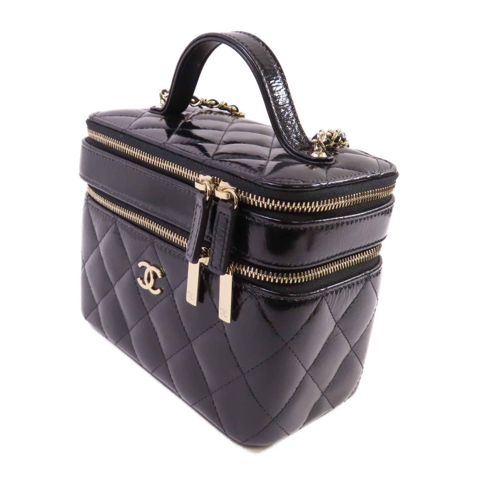 CHANEL 【激減優惠】漆皮皮革Vanity Case金扣鏈帶手挽肩背兩用袋