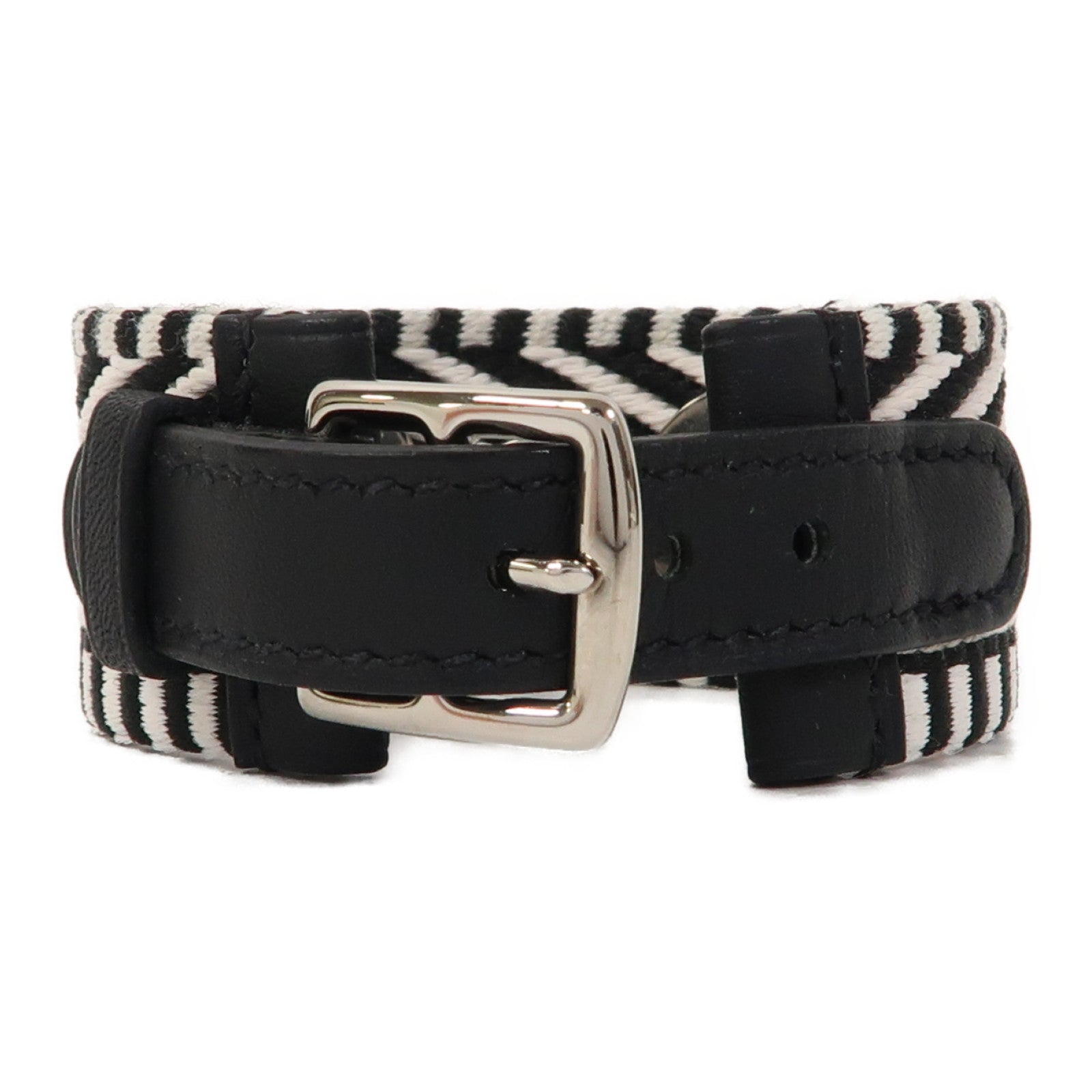 HERMES 帆布Rivale Cavale Bracelet銀扣手鐲黑色/白色
