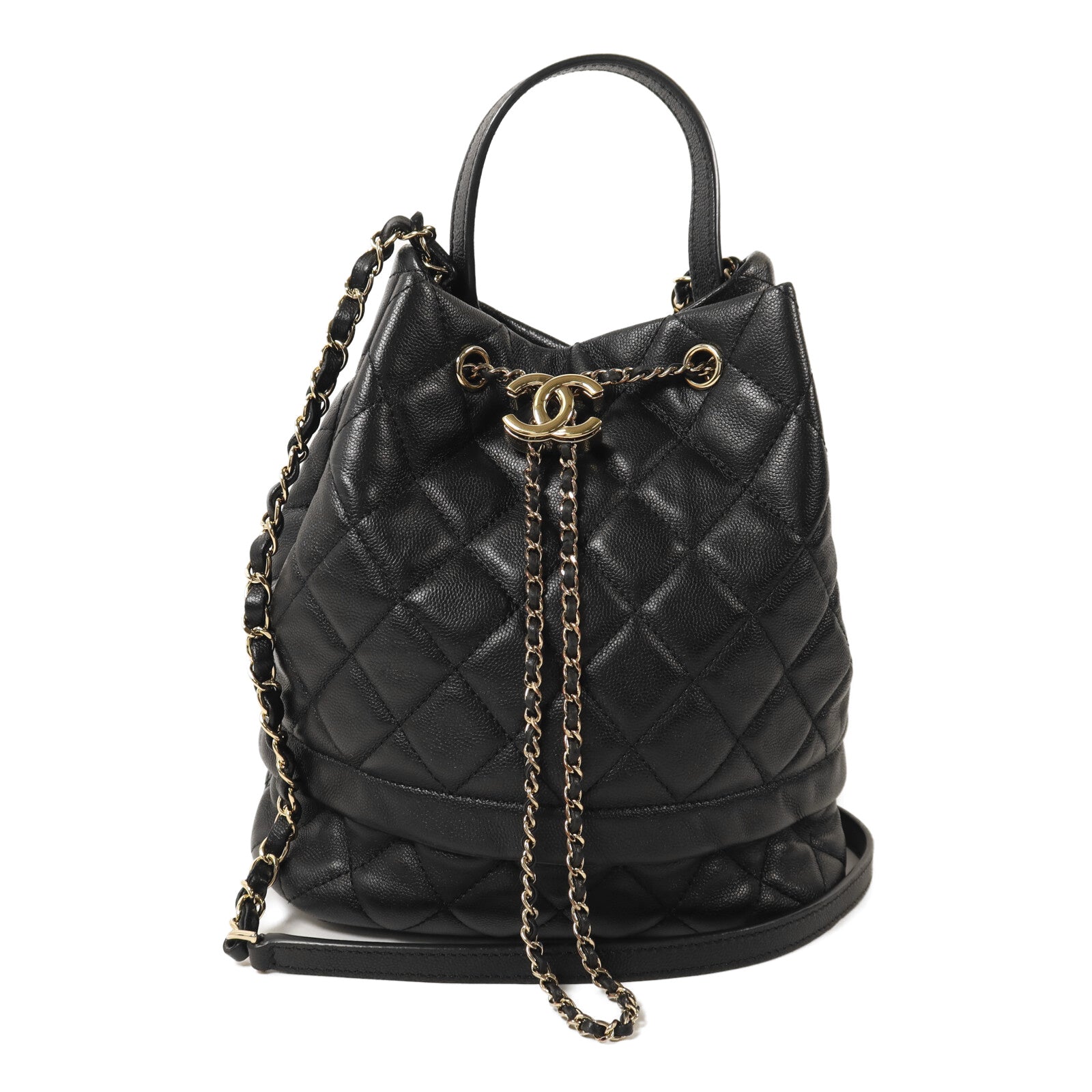 CHANEL 牛皮皮革Bucket Bag金扣鏈帶手挽肩背兩用袋