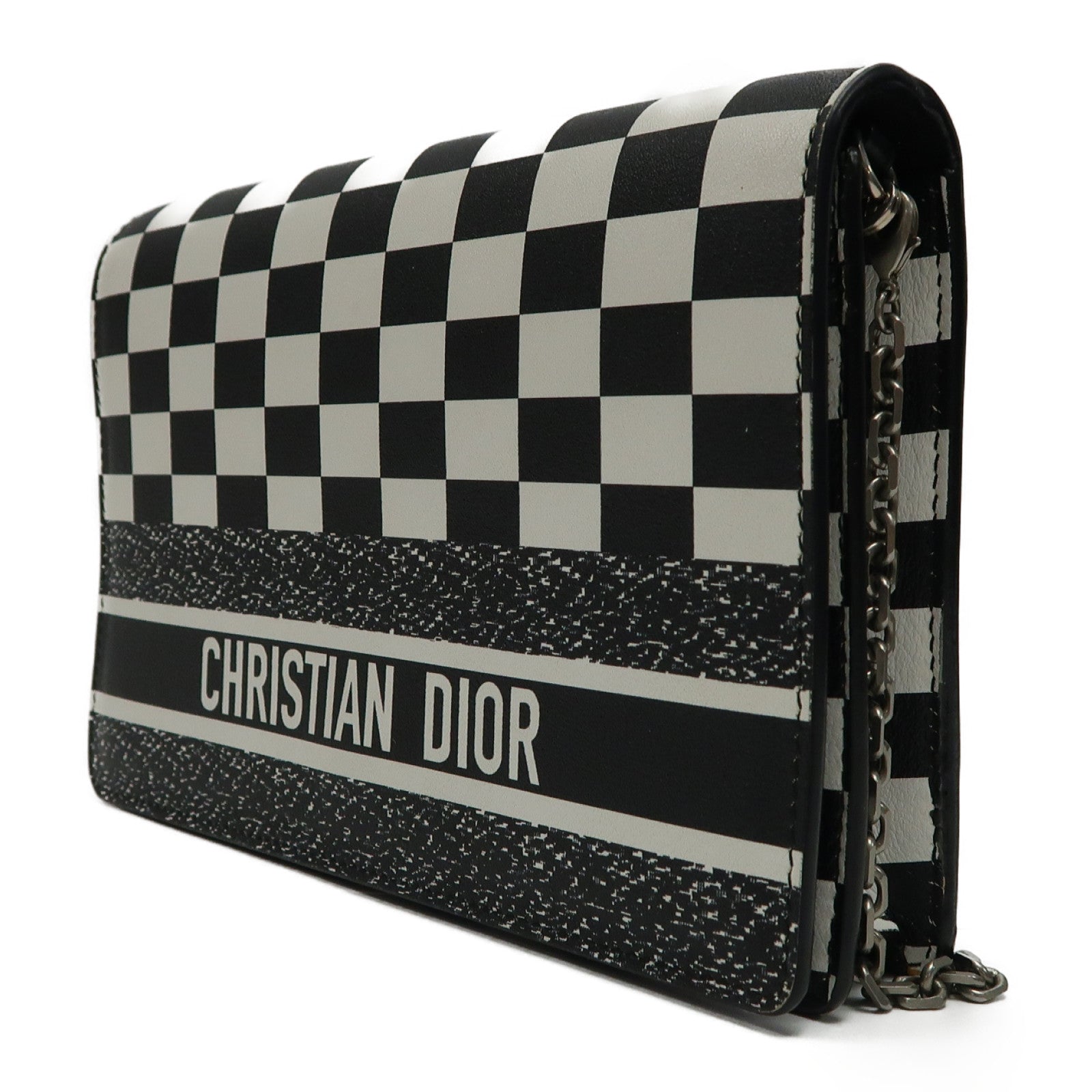 Dior 牛皮皮革Wallet On Chain銀扣鏈帶肩背袋黑色/白色