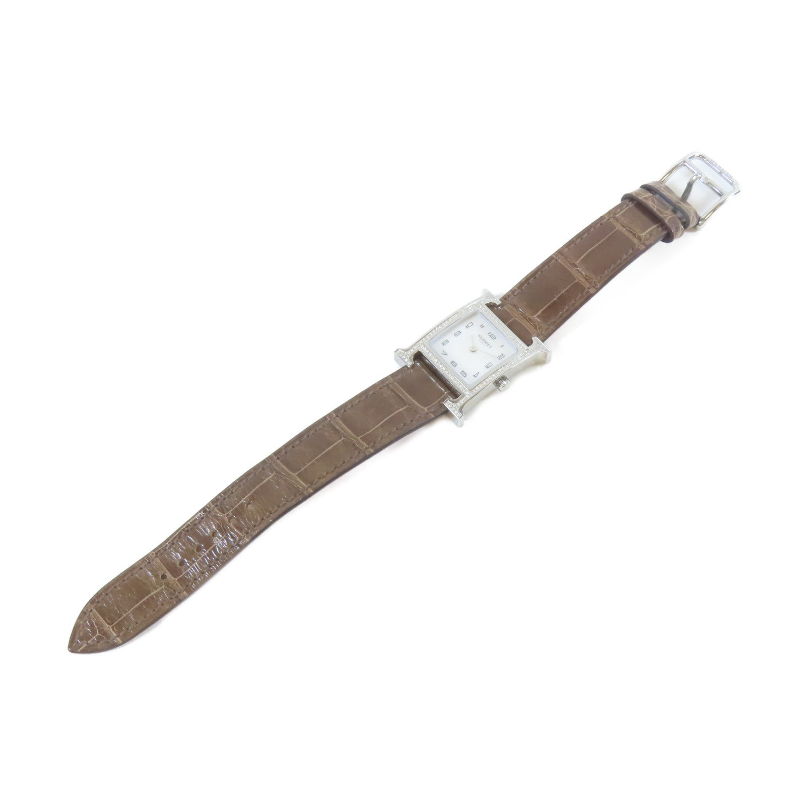 HERMES H Watch Diamond不鏽鋼/鑽石/鱷魚皮革帶石英機芯手錶白色/啡色#16cm