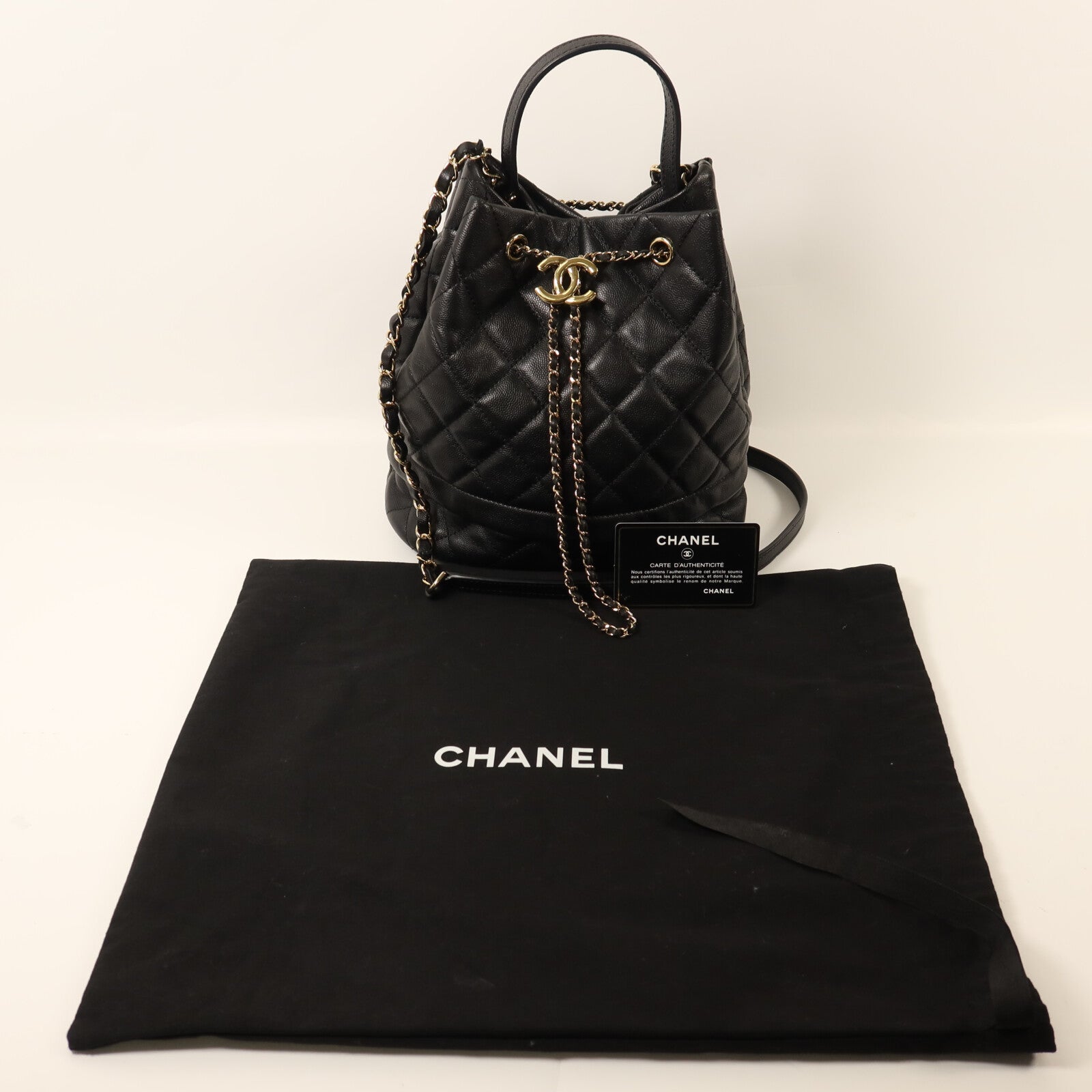 CHANEL 牛皮皮革Bucket Bag金扣鏈帶手挽肩背兩用袋