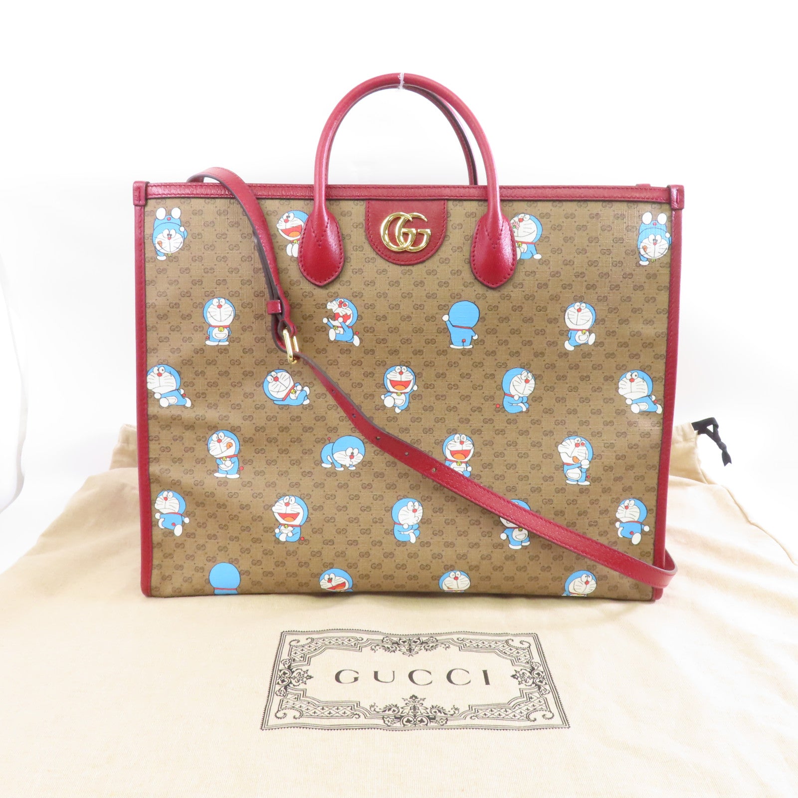 GUCCI 塗層帆布Doraemon 2 Way Tote金扣手挽肩背兩用袋啡色/紅色